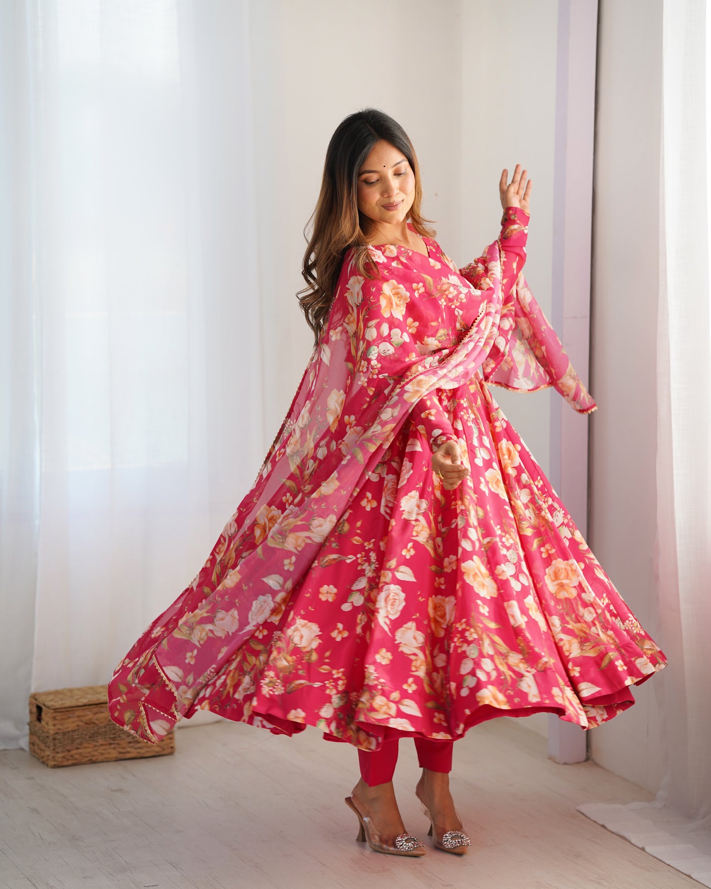 Pink Pure Organza Silk Printed Anarkali Set with Dupatta & Pant