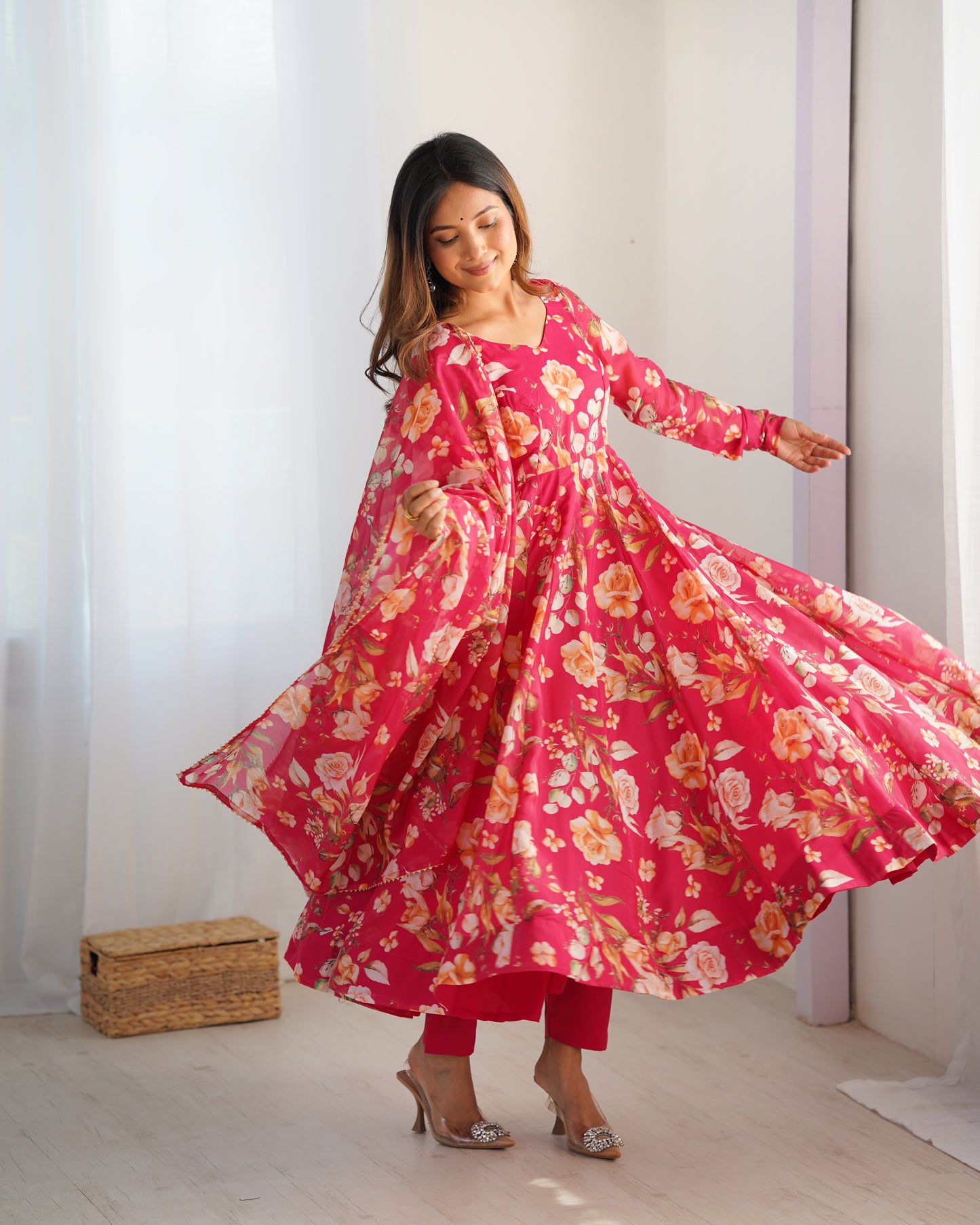 Pink Pure Organza Silk Printed Anarkali Set with Dupatta & Pant
