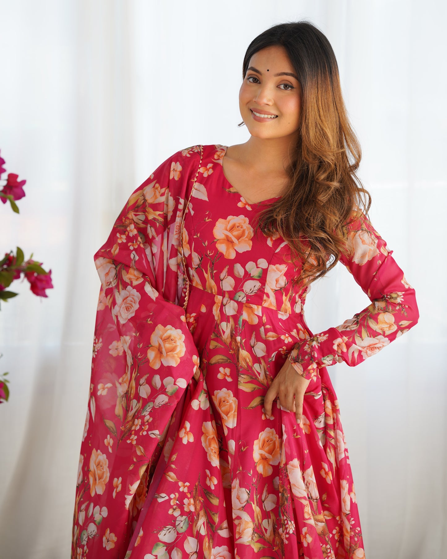 Pink Pure Organza Silk Printed Anarkali Set with Dupatta & Pant