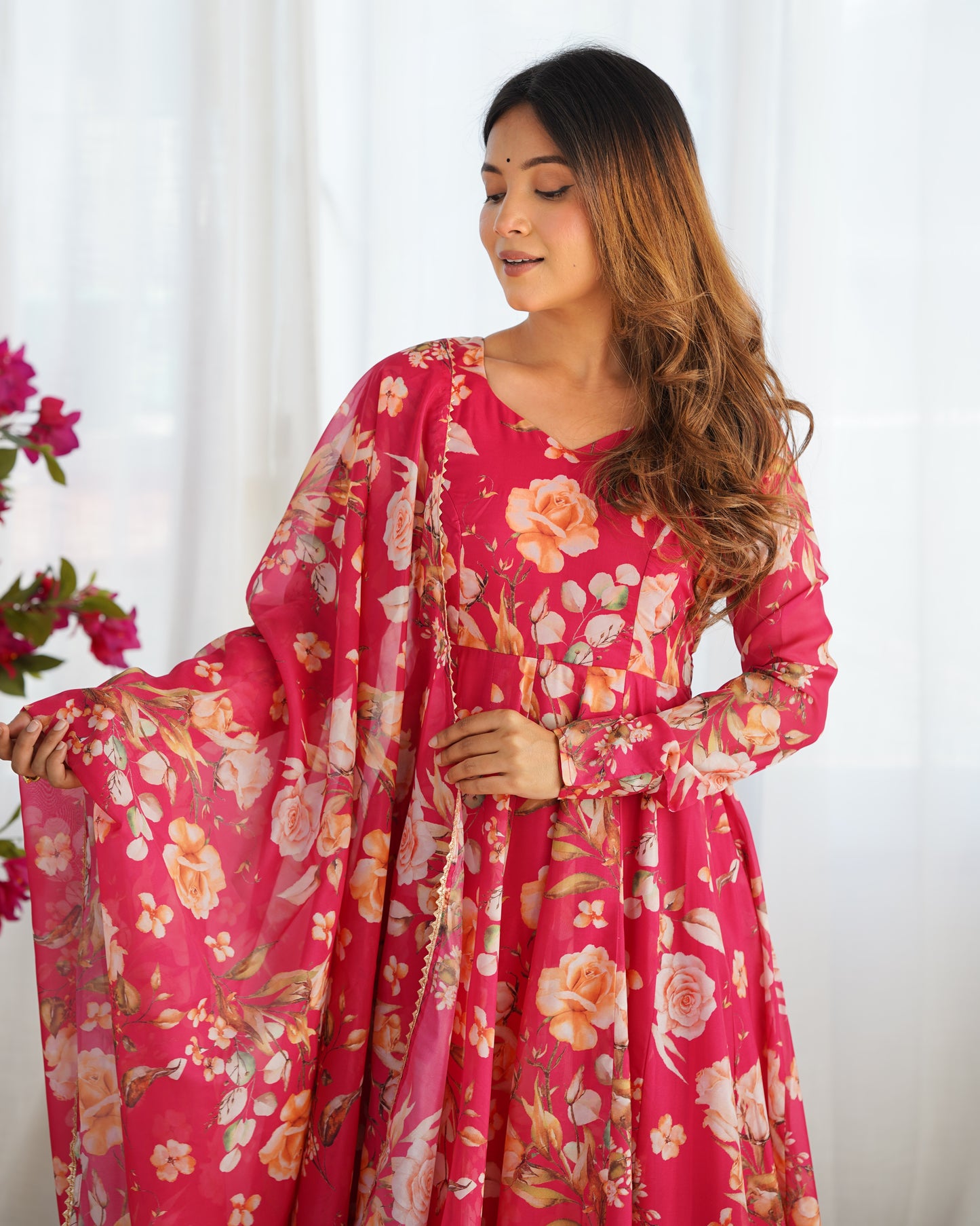 Pink Pure Organza Silk Printed Anarkali Set with Dupatta & Pant