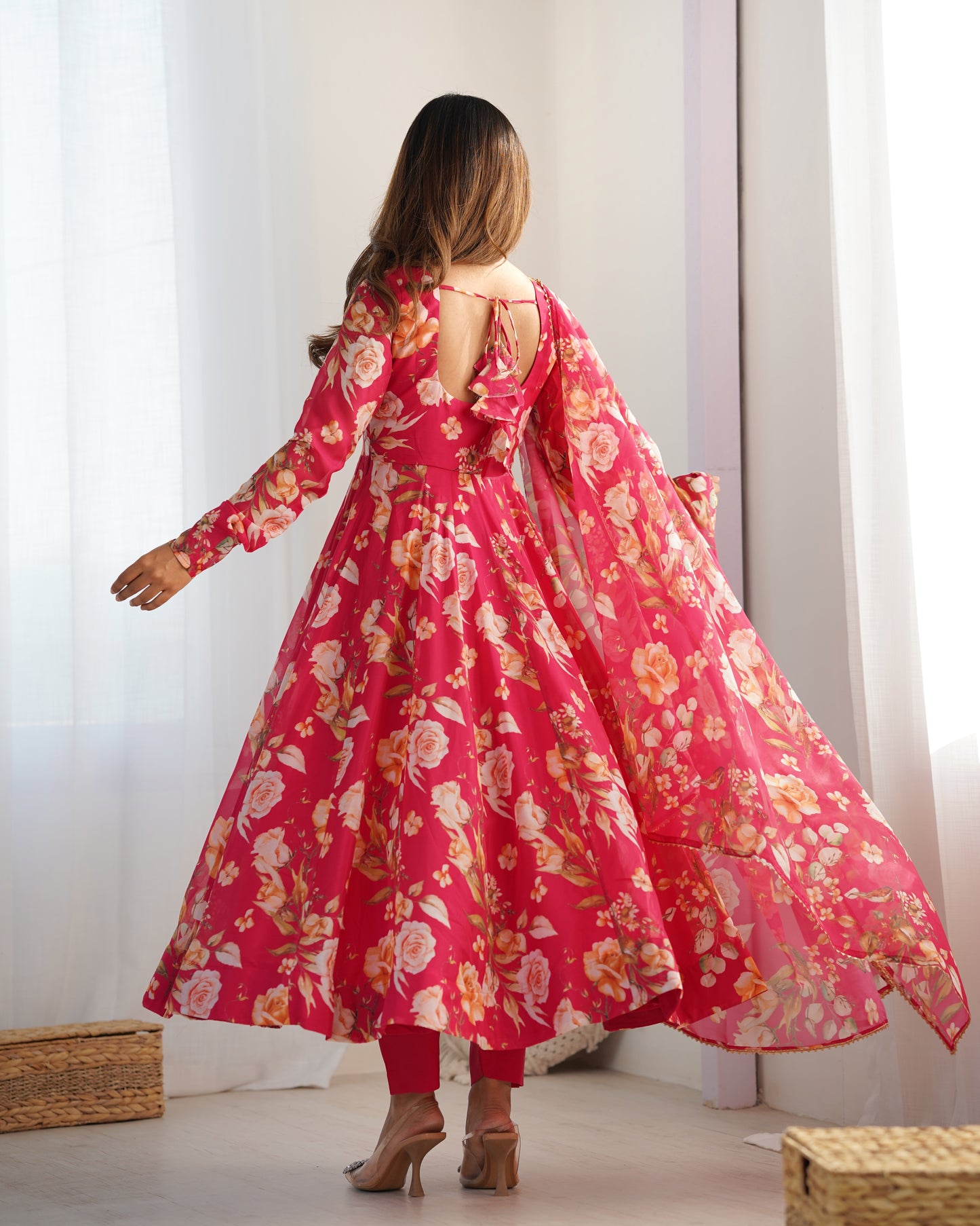 Pink Pure Organza Silk Printed Anarkali Set with Dupatta & Pant