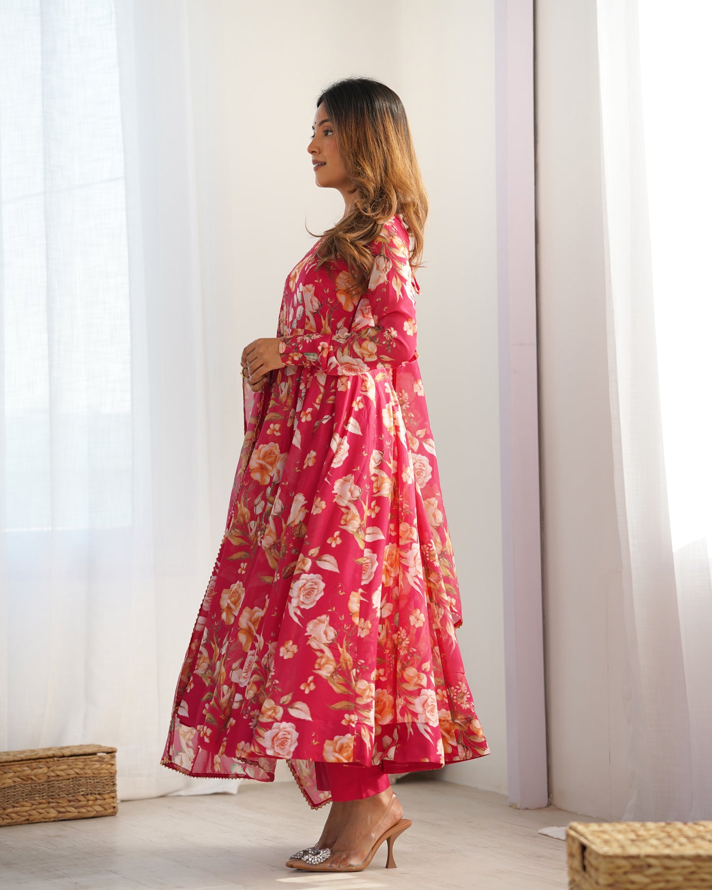 Pink Pure Organza Silk Printed Anarkali Set with Dupatta & Pant