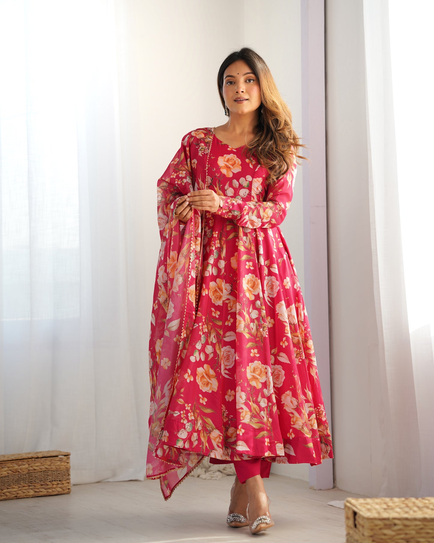 Pink Pure Organza Silk Printed Anarkali Set with Dupatta & Pant