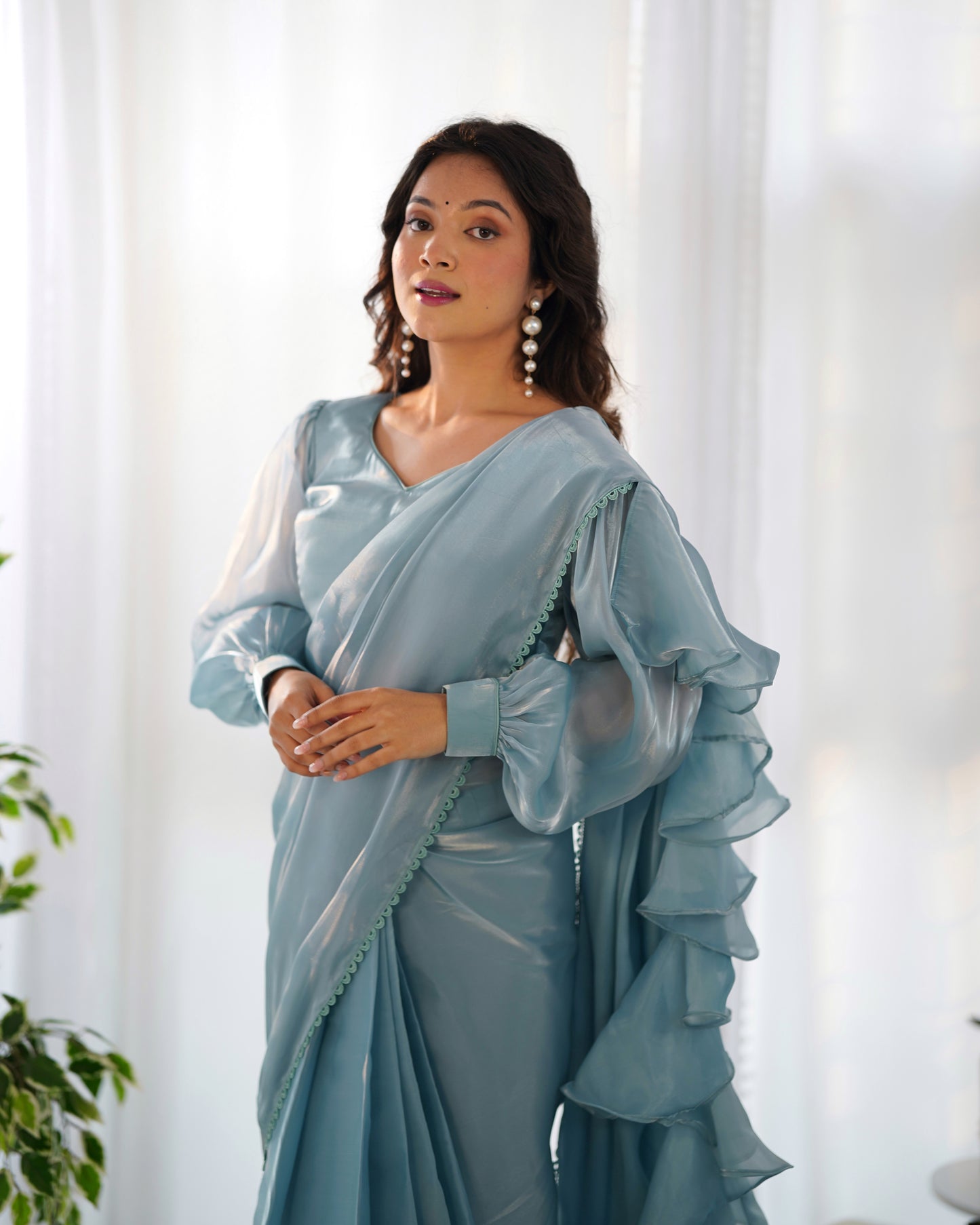 Frill And Flare With Organza Silk Sky Blue Ruffle Border Saree By Stylish Ethnic