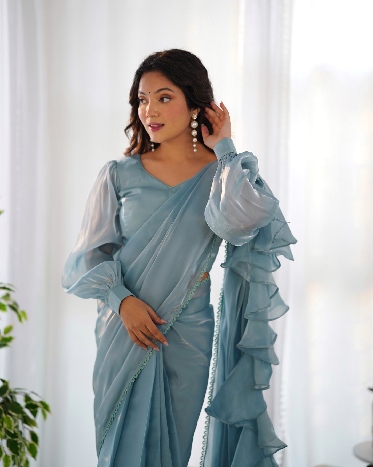 Frill And Flare With Organza Silk Sky Blue Ruffle Border Saree By Stylish Ethnic