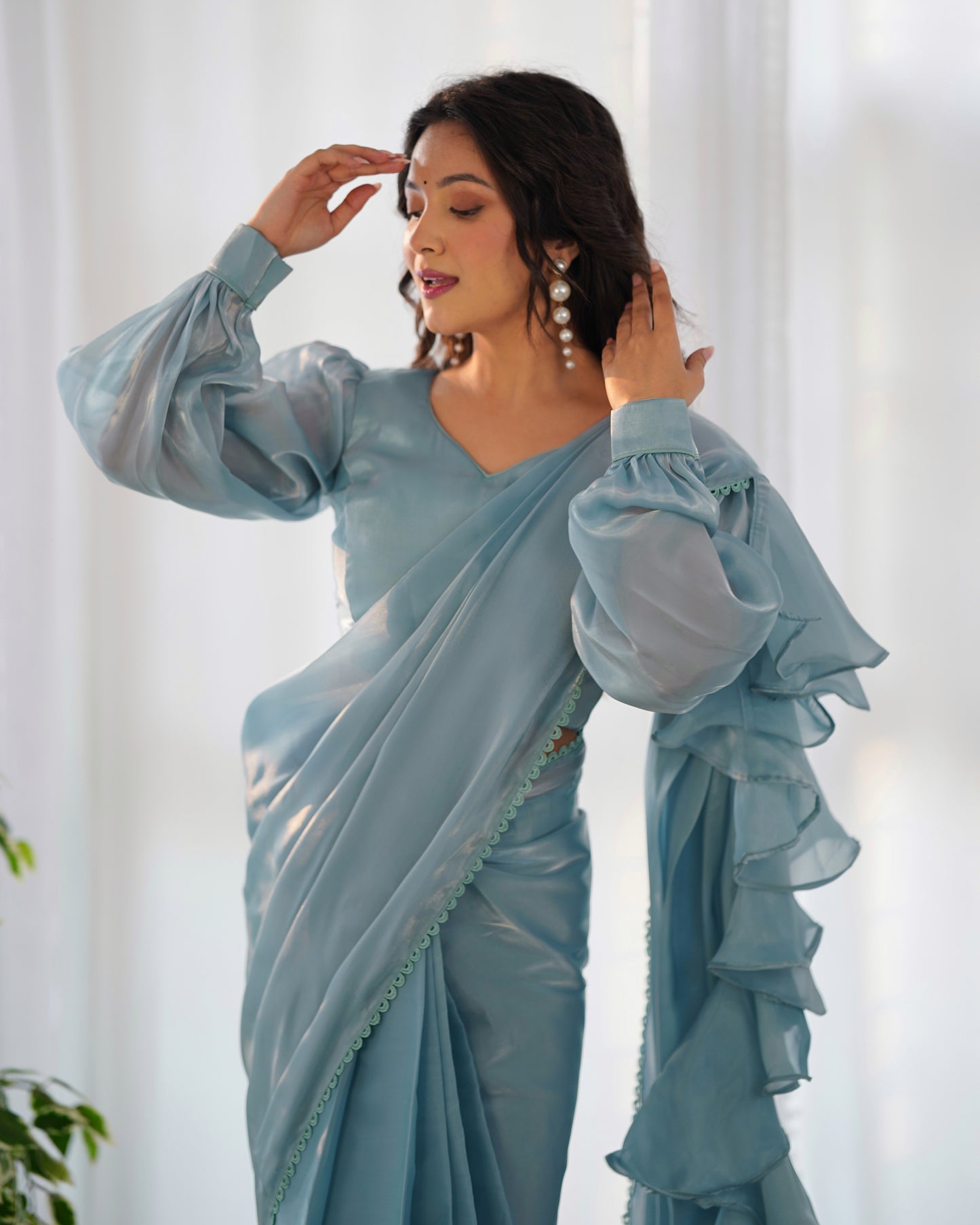 Frill And Flare With Organza Silk Sky Blue Ruffle Border Saree By Stylish Ethnic