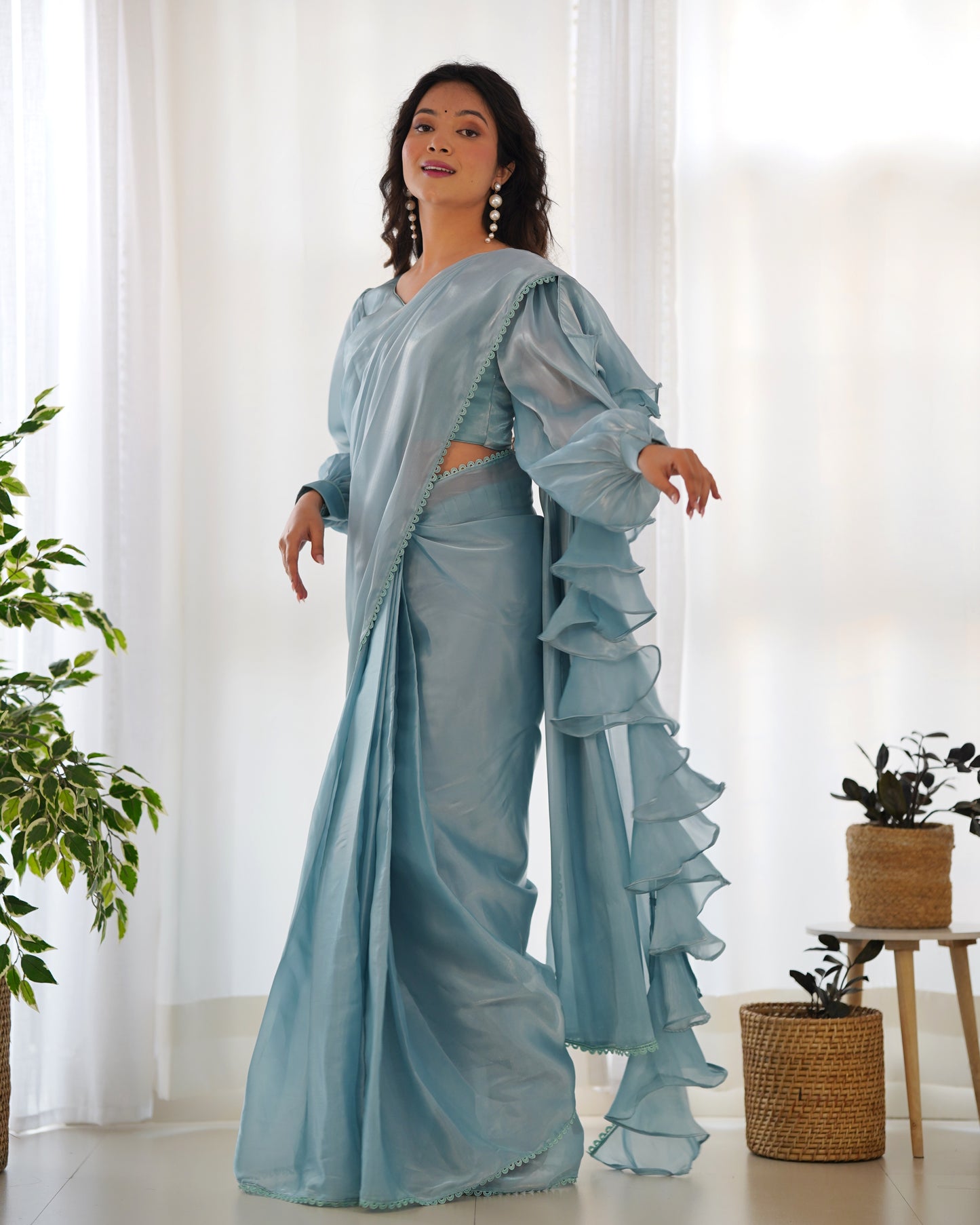 Frill And Flare With Organza Silk Sky Blue Ruffle Border Saree By Stylish Ethnic