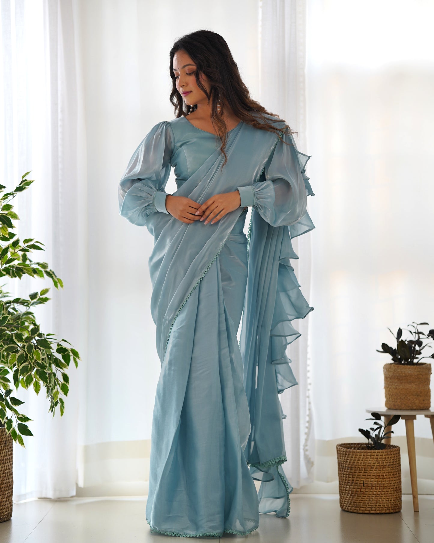Frill And Flare With Organza Silk Sky Blue Ruffle Border Saree By Stylish Ethnic