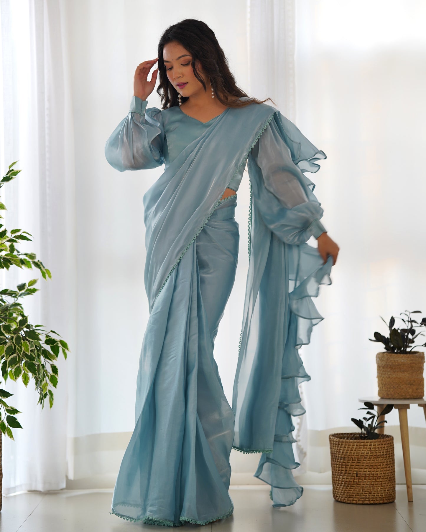 Frill And Flare With Organza Silk Sky Blue Ruffle Border Saree By Stylish Ethnic