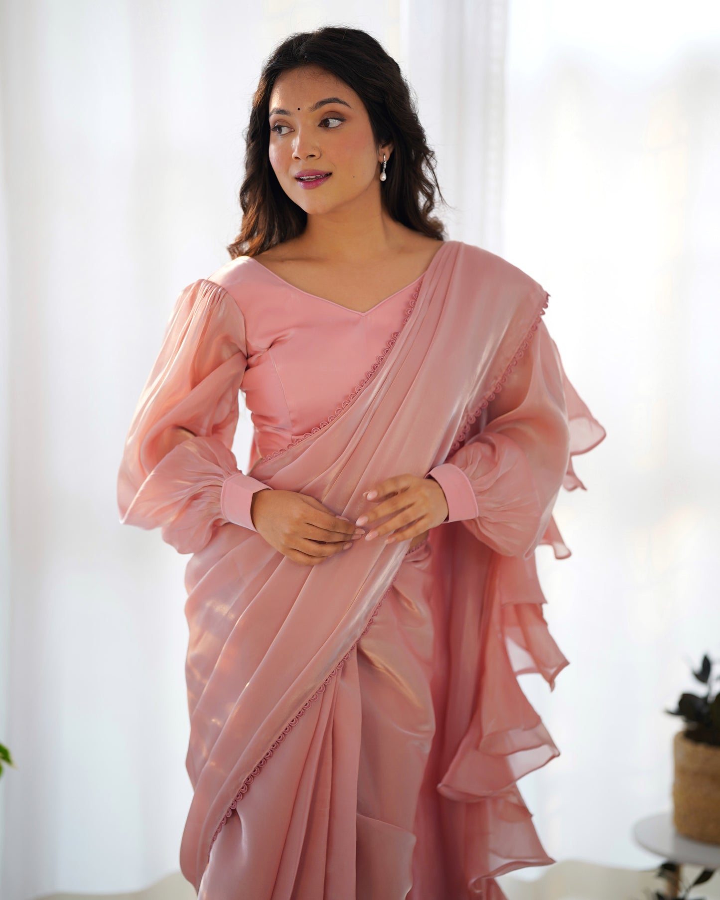 Frill And Flare With Organza Silk Peach Ruffle Border Saree