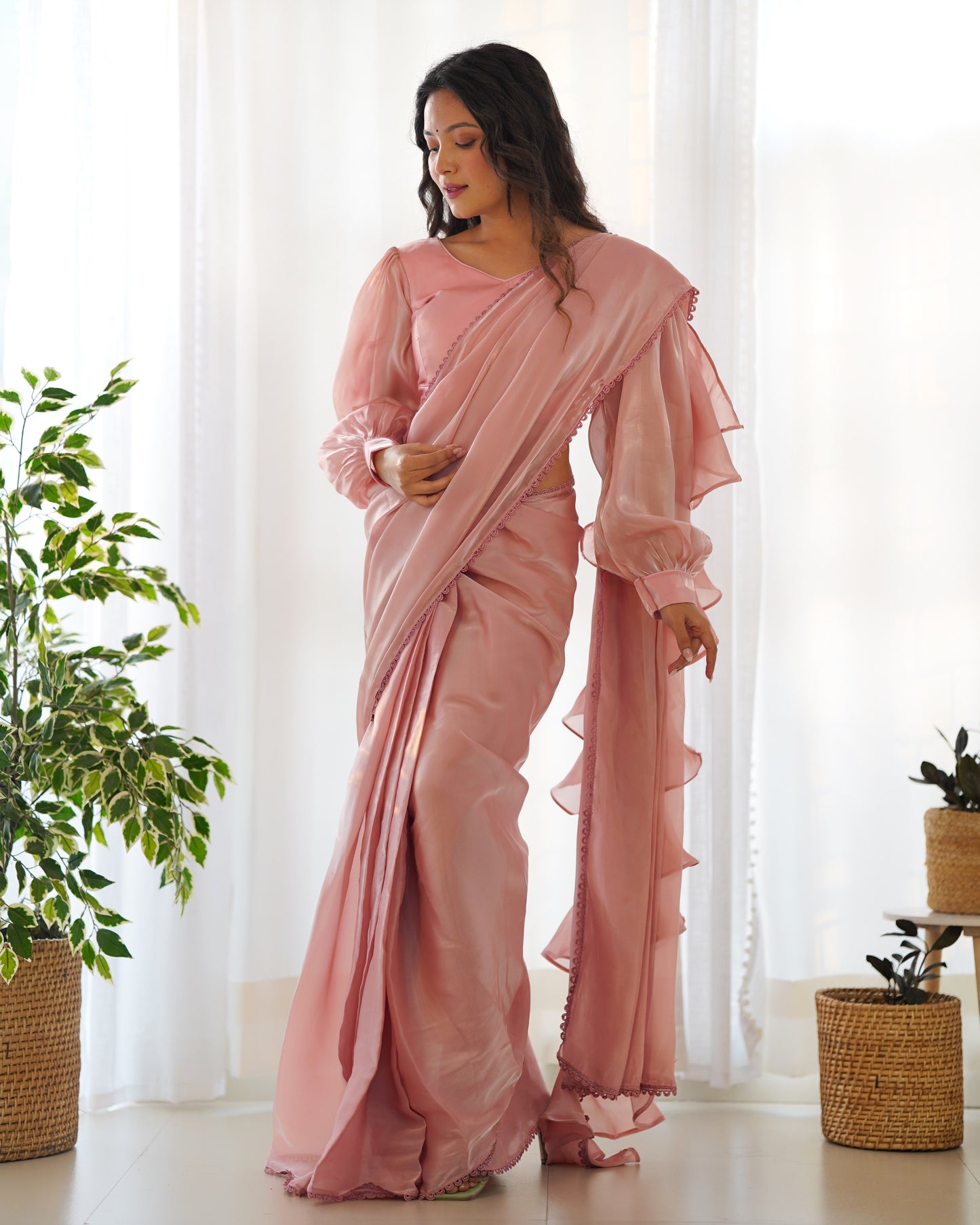 Frill And Flare With Organza Silk Peach Ruffle Border Saree