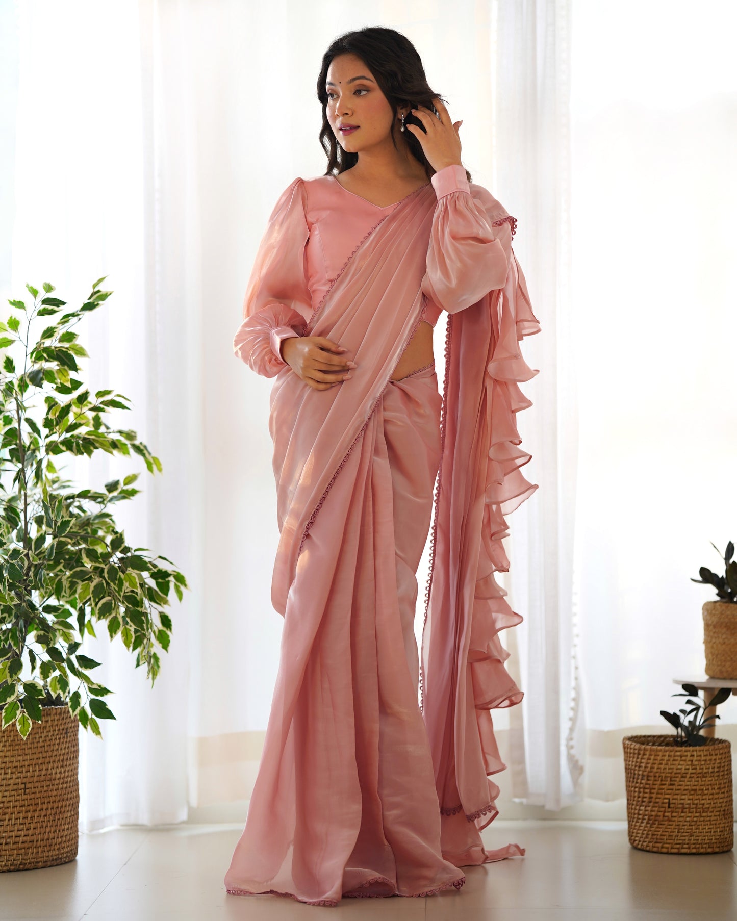 Frill And Flare With Organza Silk Peach Ruffle Border Saree