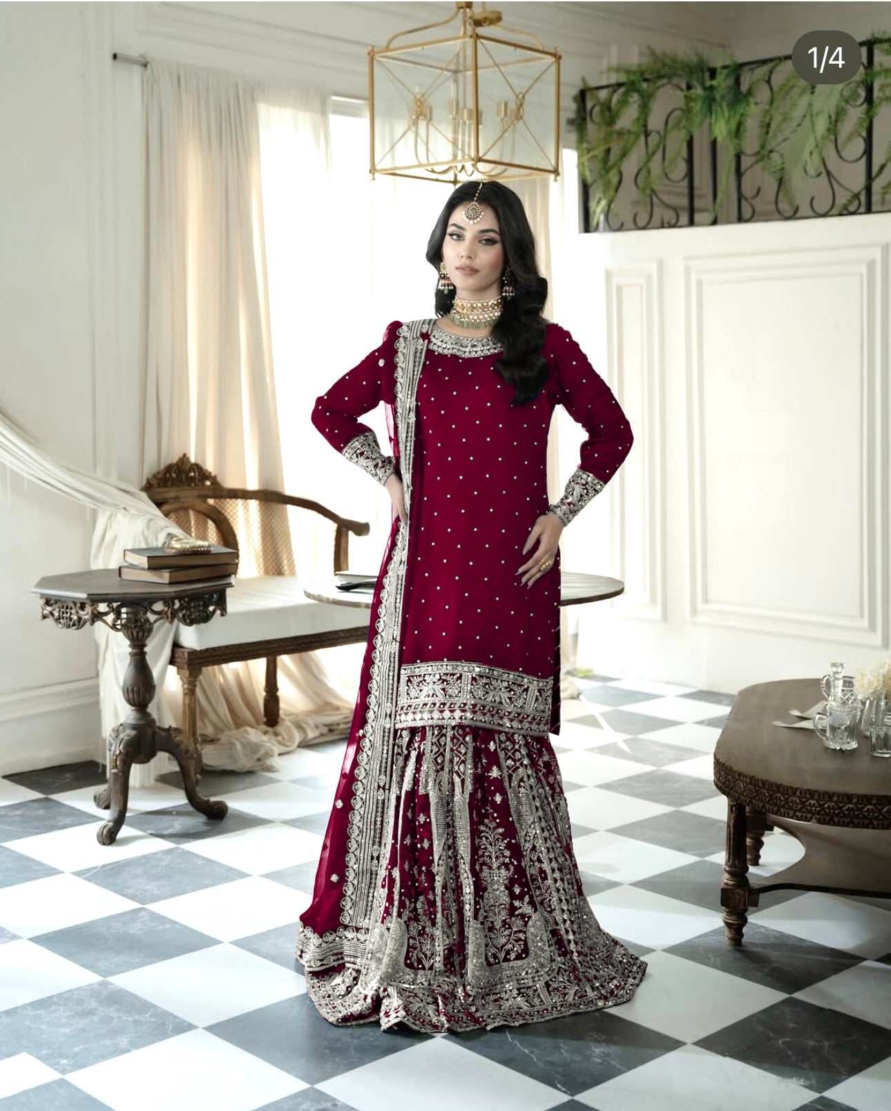 Maroon Color Top Gharara Suit With Dupatta in Georgette With Sequence Embroidery