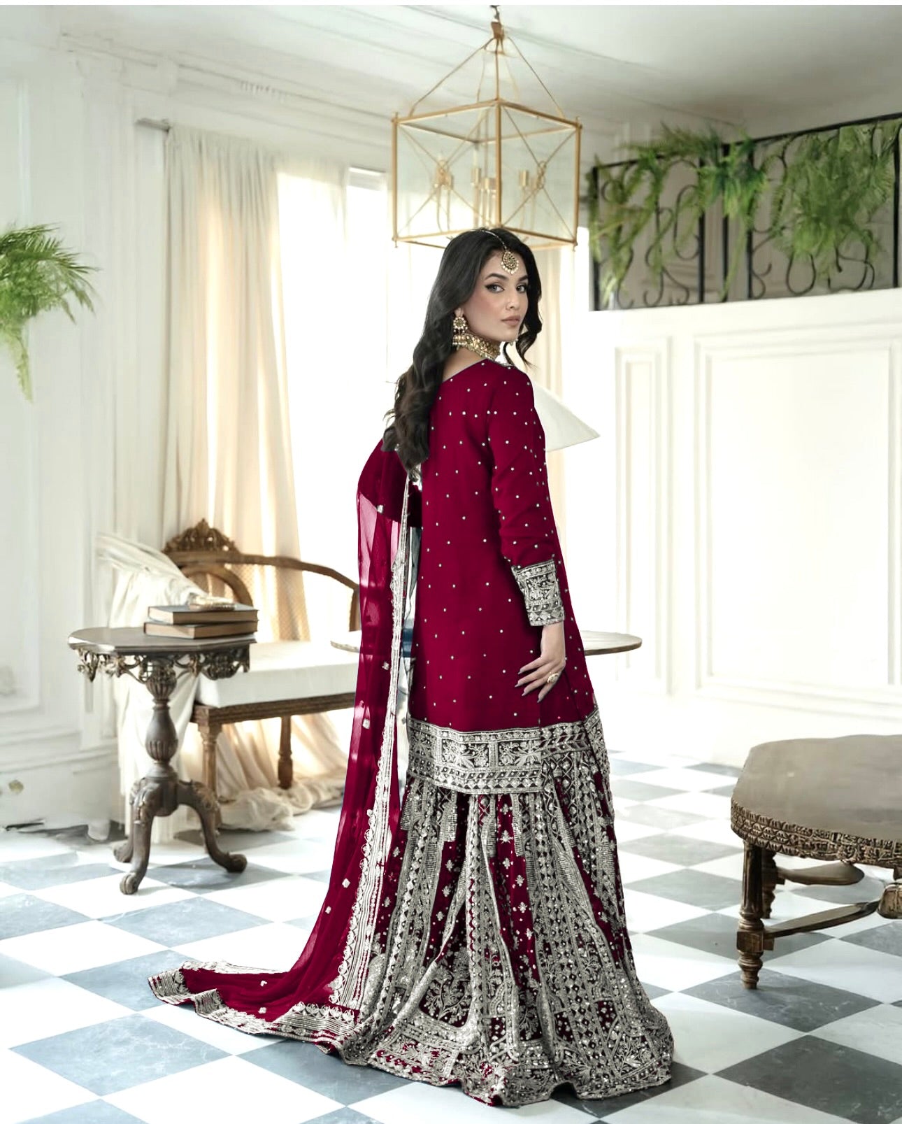 Maroon Color Top Gharara Suit With Dupatta in Georgette With Sequence Embroidery