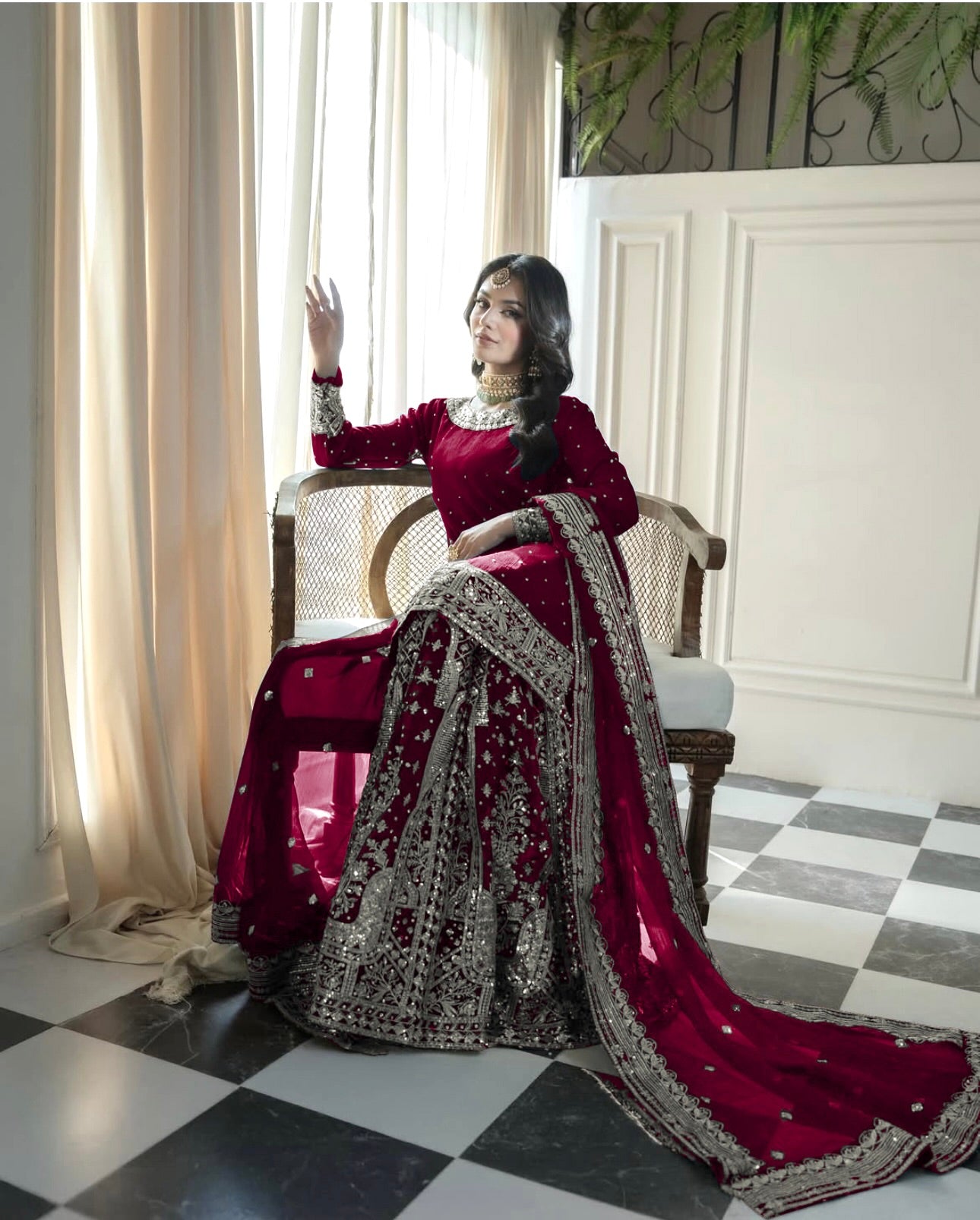 Maroon Color Top Gharara Suit With Dupatta in Georgette With Sequence Embroidery