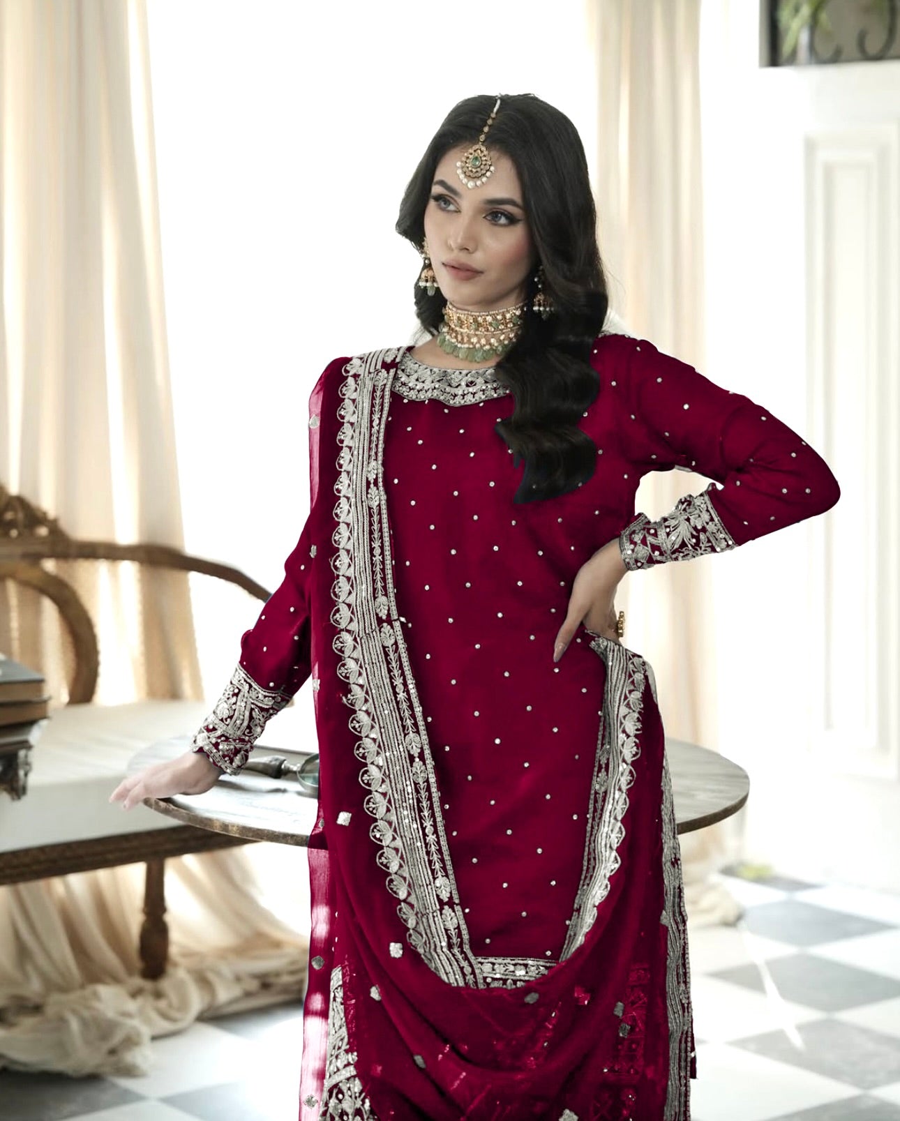 Maroon Color Top Gharara Suit With Dupatta in Georgette With Sequence Embroidery