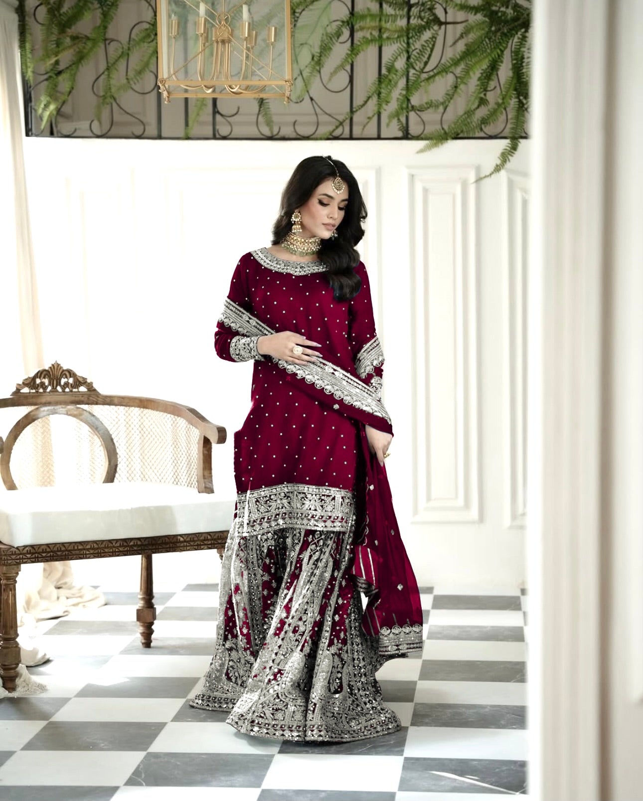 Maroon Color Top Gharara Suit With Dupatta in Georgette With Sequence Embroidery