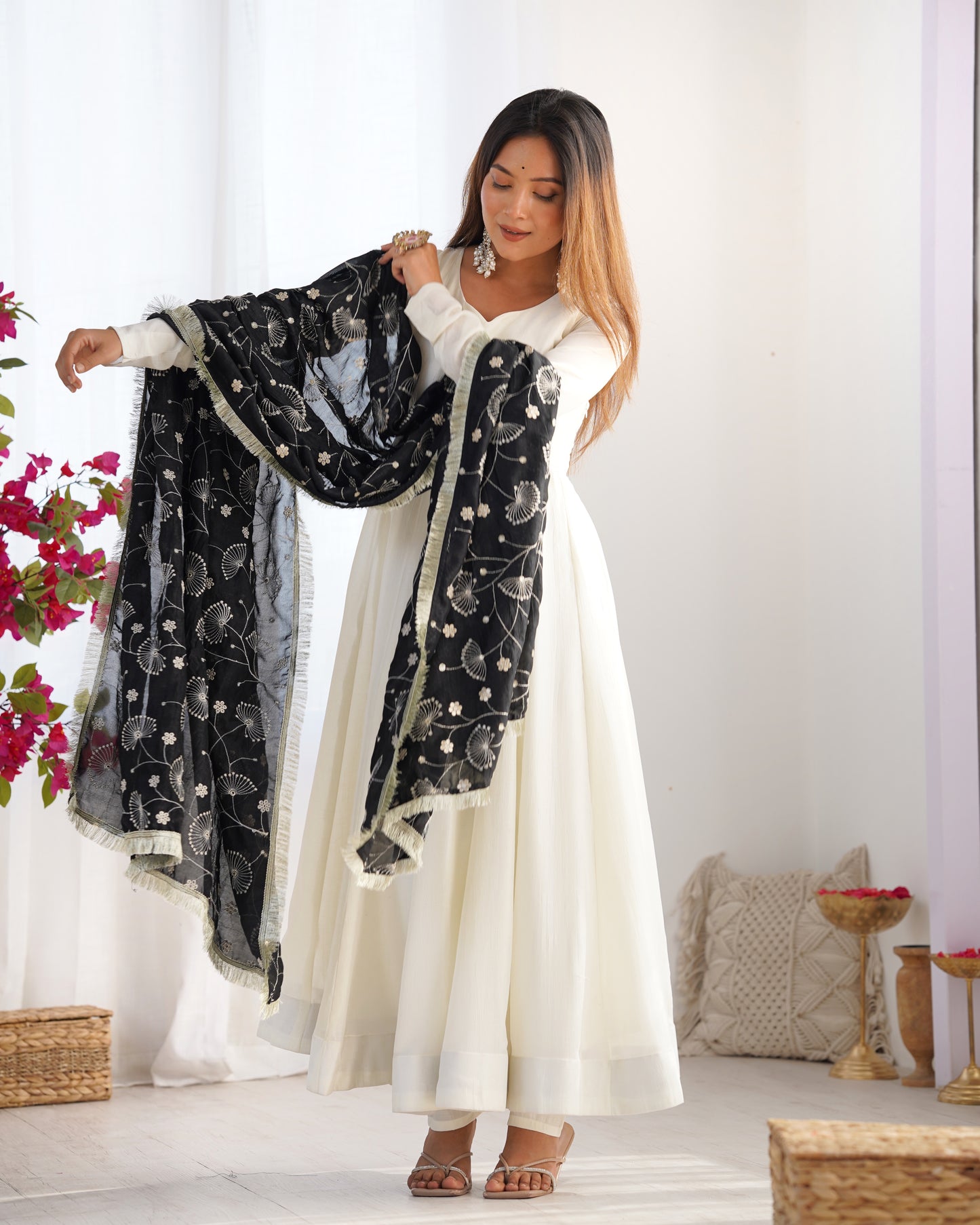 White Color Soft Vichitra Silk Anarkali With Black Dupatta