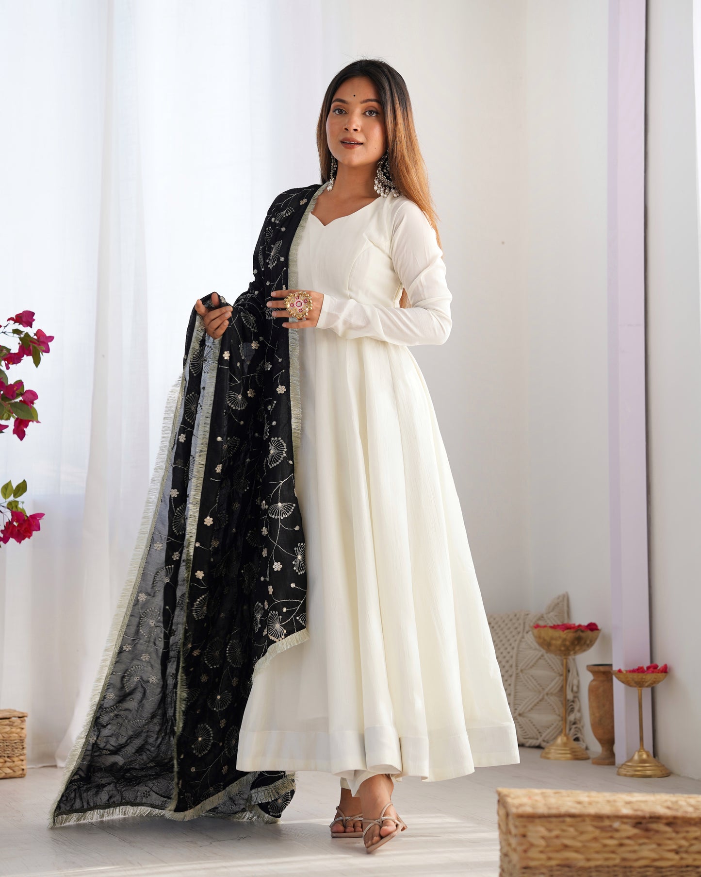 White Color Soft Vichitra Silk Anarkali With Black Dupatta