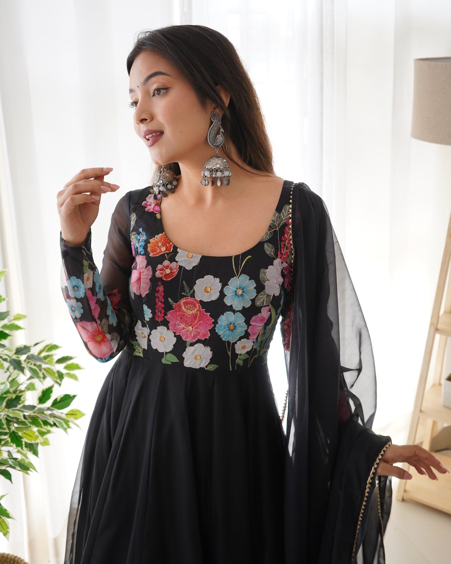 Floral Print Anarkali Black Kurta Set With Dupatta By Stylish Ethnic