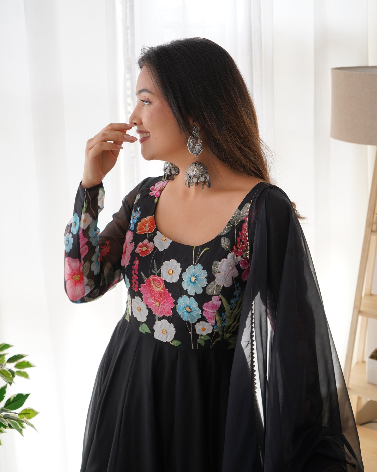 Floral Print Anarkali Black Kurta Set With Dupatta By Stylish Ethnic