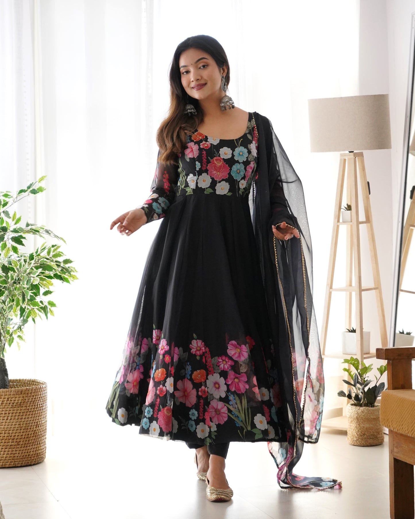 Floral Print Anarkali Black Kurta Set With Dupatta By Stylish Ethnic