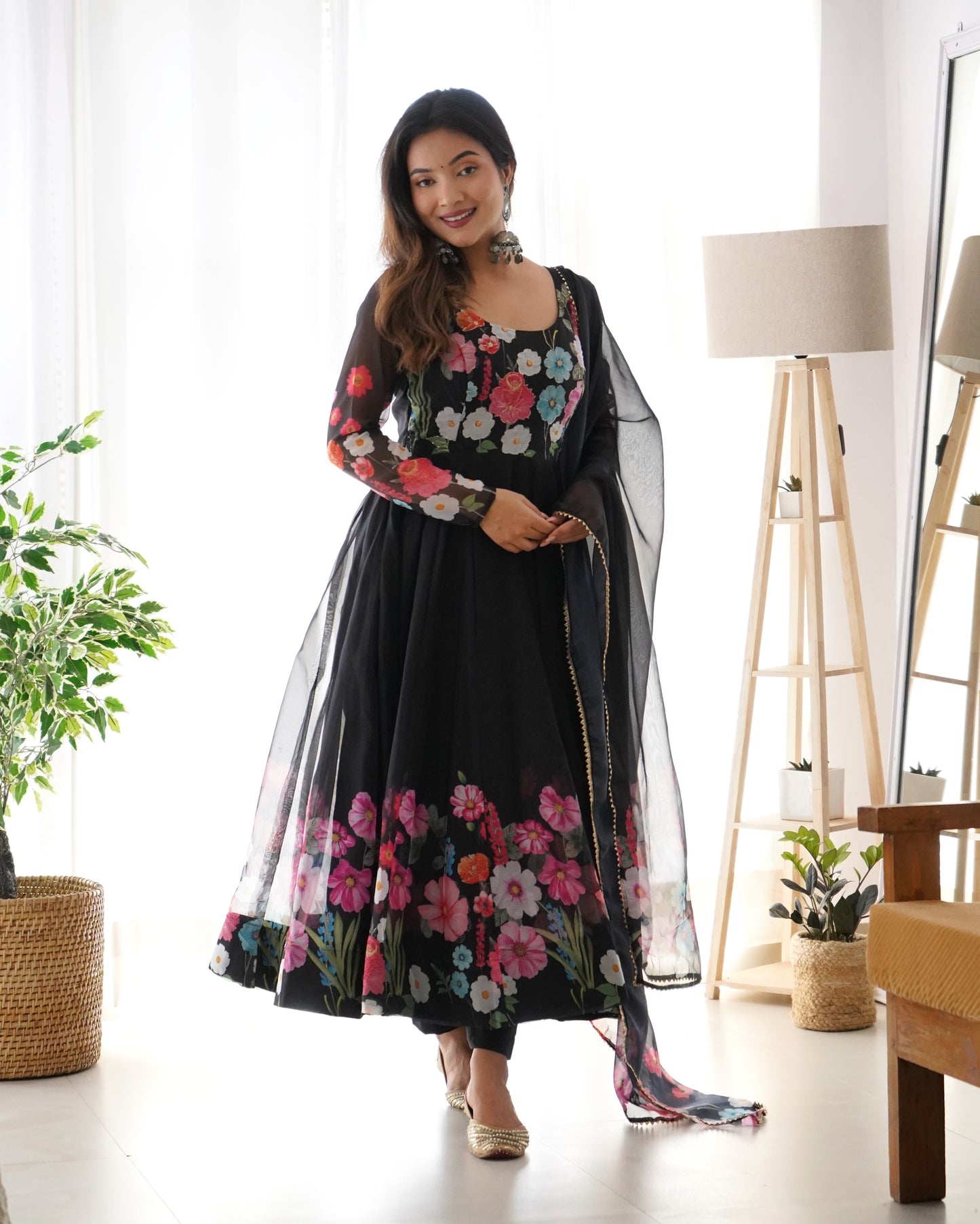 Floral Print Anarkali Black Kurta Set With Dupatta By Stylish Ethnic