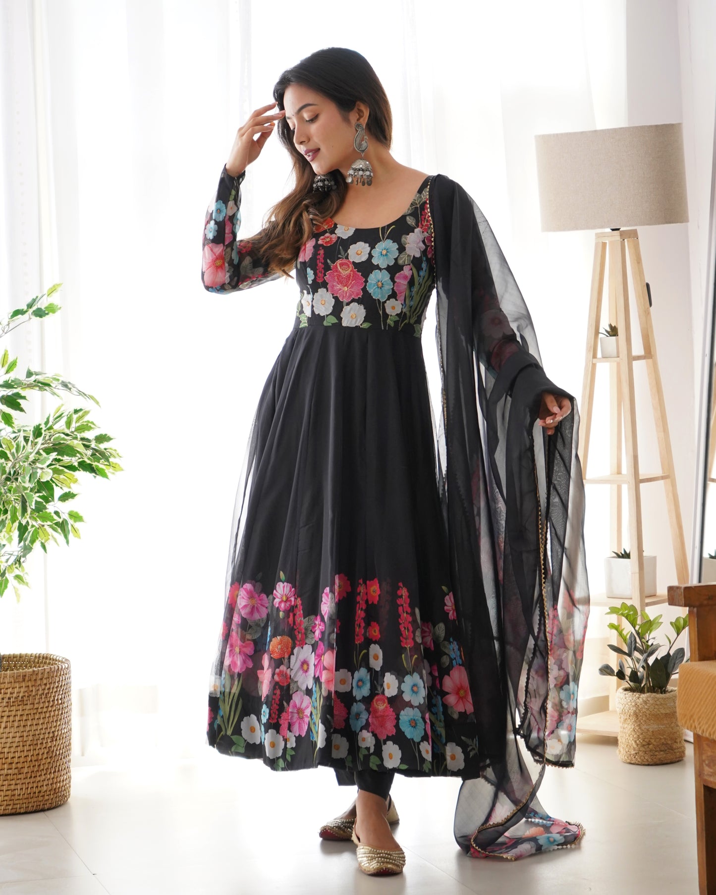 Floral Print Anarkali Black Kurta Set With Dupatta By Stylish Ethnic