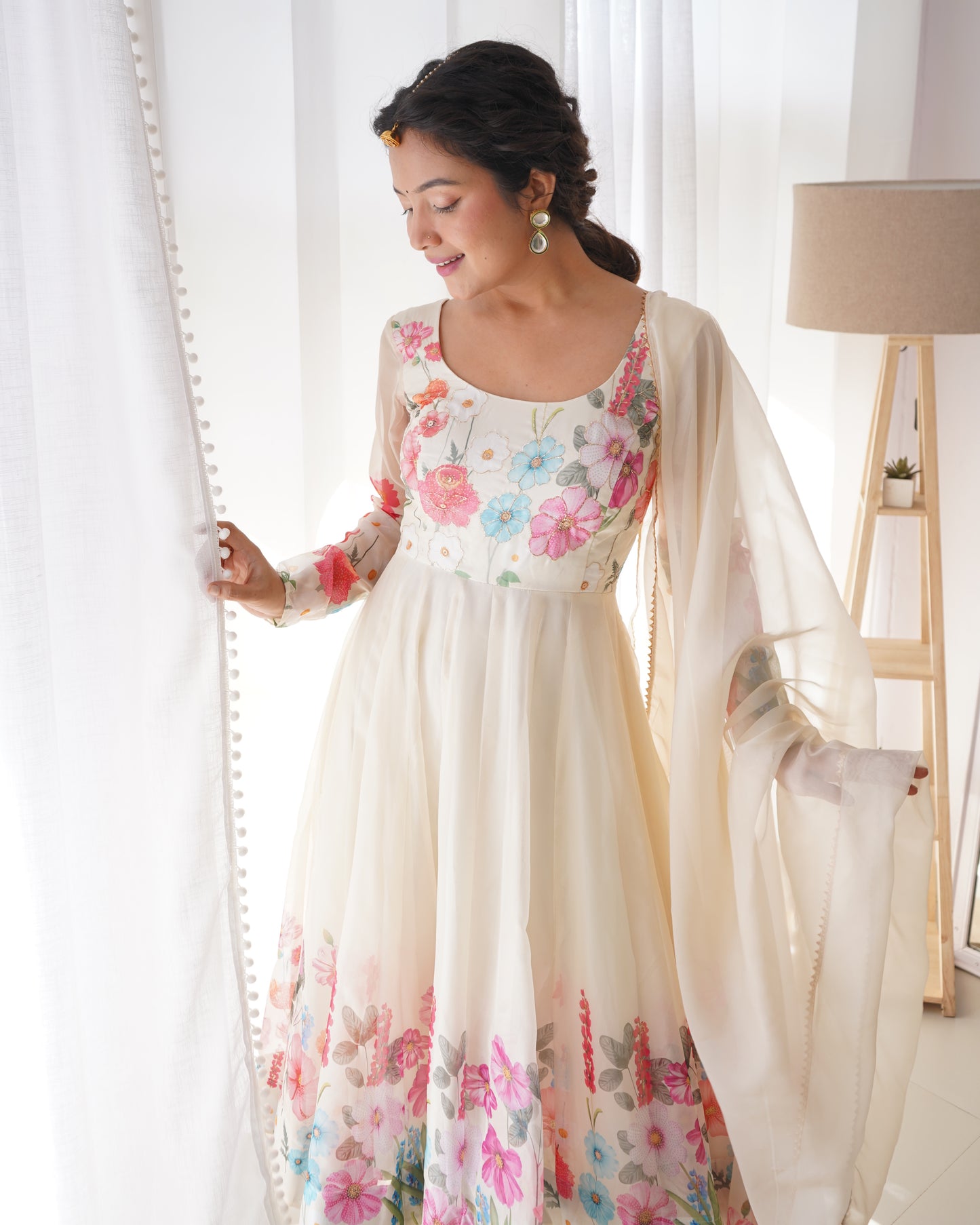 Floral Print Anarkali Cream Kurta Set With Dupatta By Stylish Ethnic