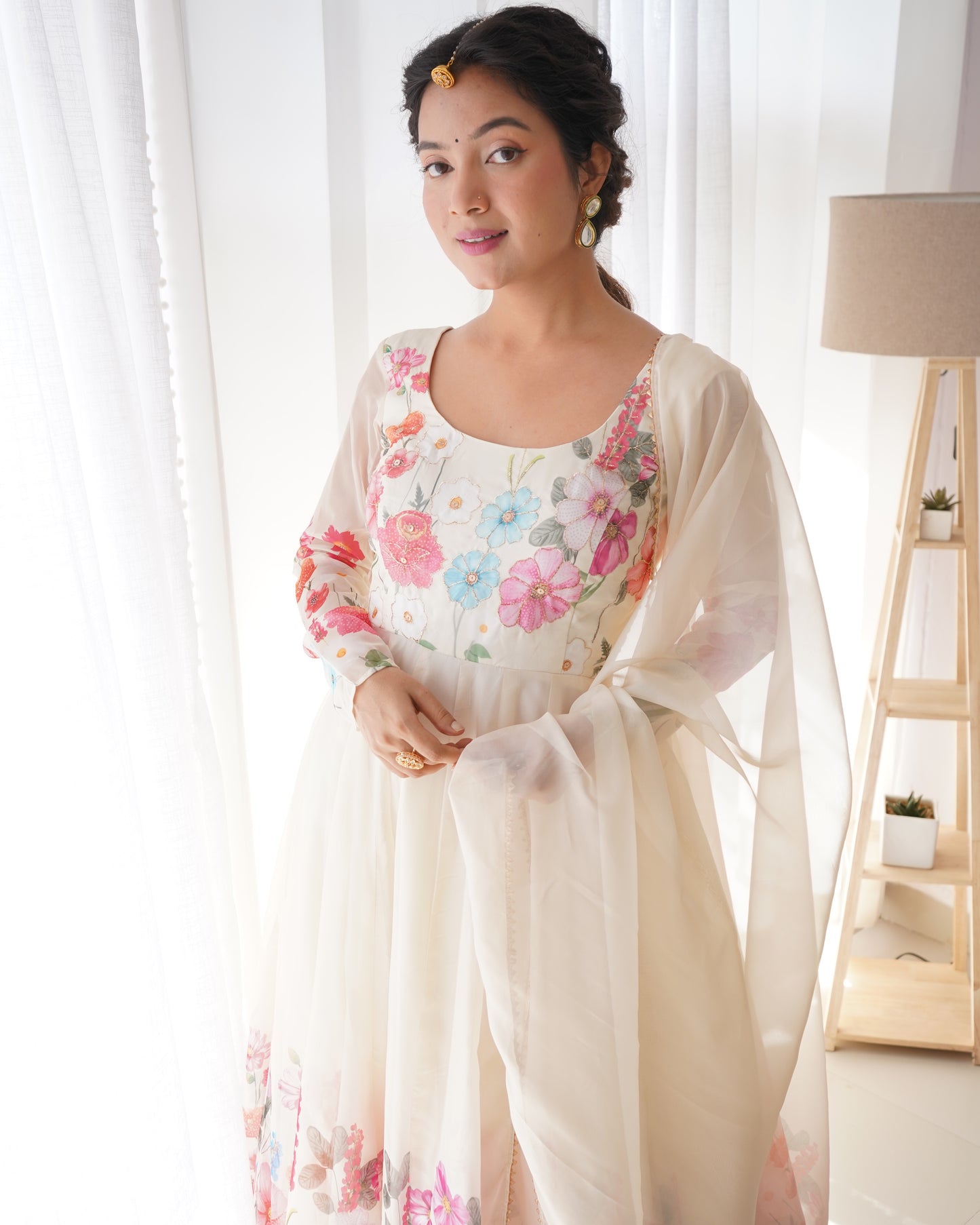 Floral Print Anarkali Cream Kurta Set With Dupatta By Stylish Ethnic