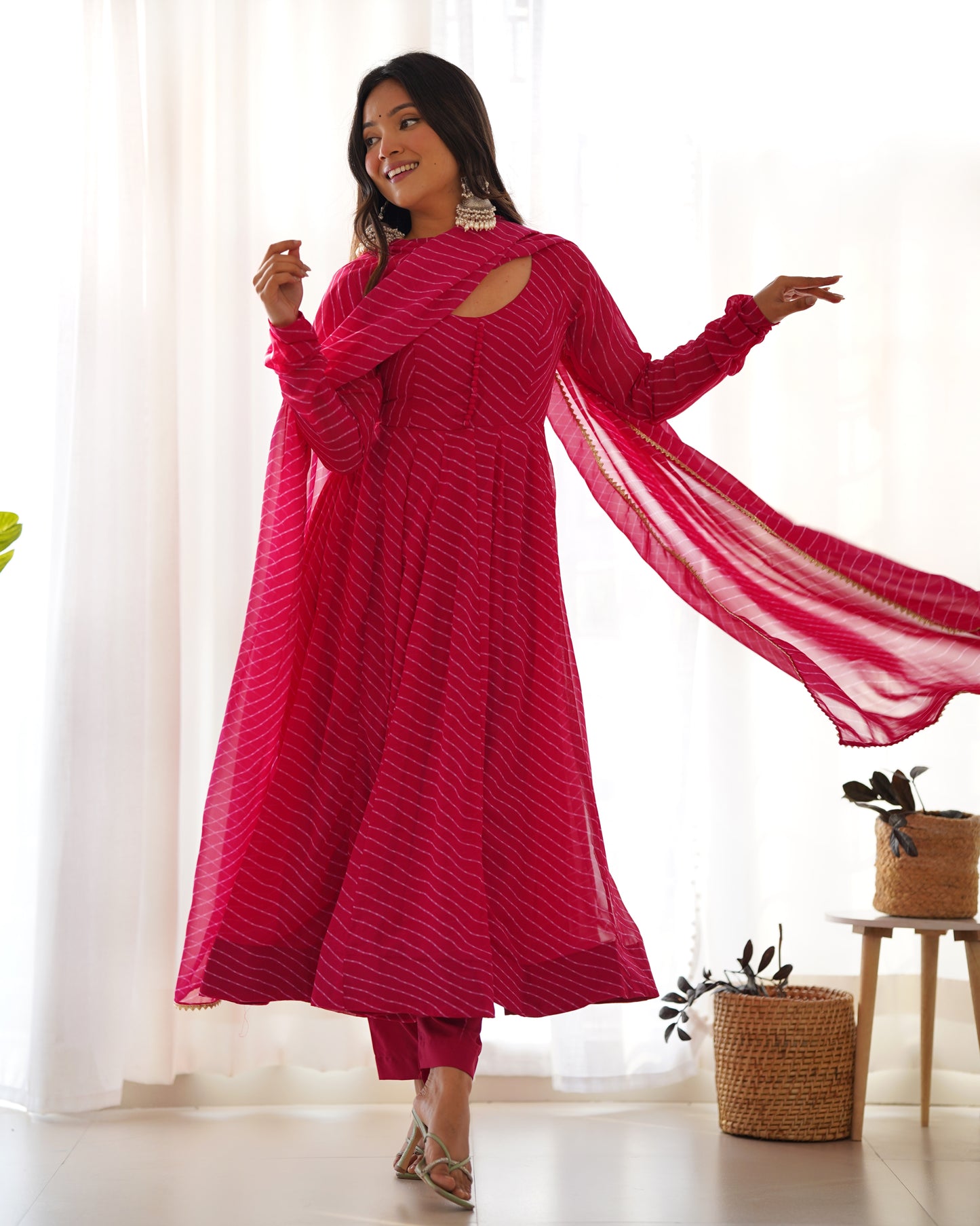 Rani Pink Faux Georgette Leheriya Print Anarkali Suit By Stylish Ethnic