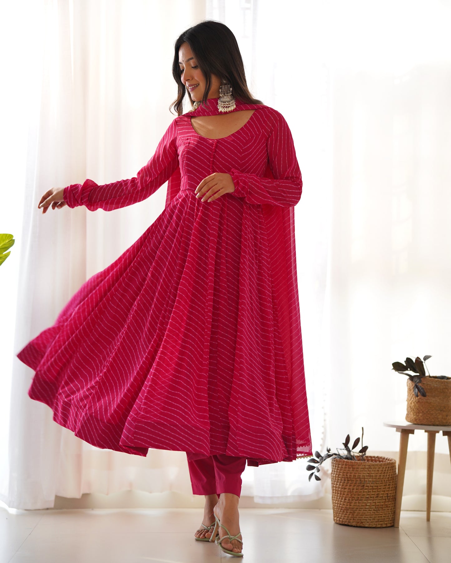 Rani Pink Faux Georgette Leheriya Print Anarkali Suit By Stylish Ethnic