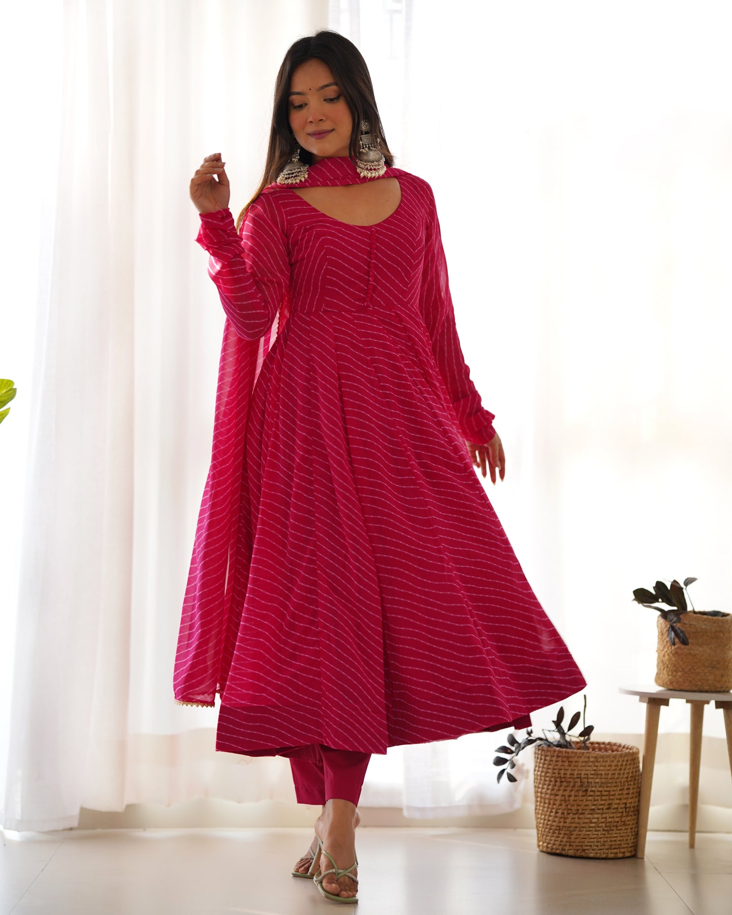 Rani Pink Faux Georgette Leheriya Print Anarkali Suit By Stylish Ethnic