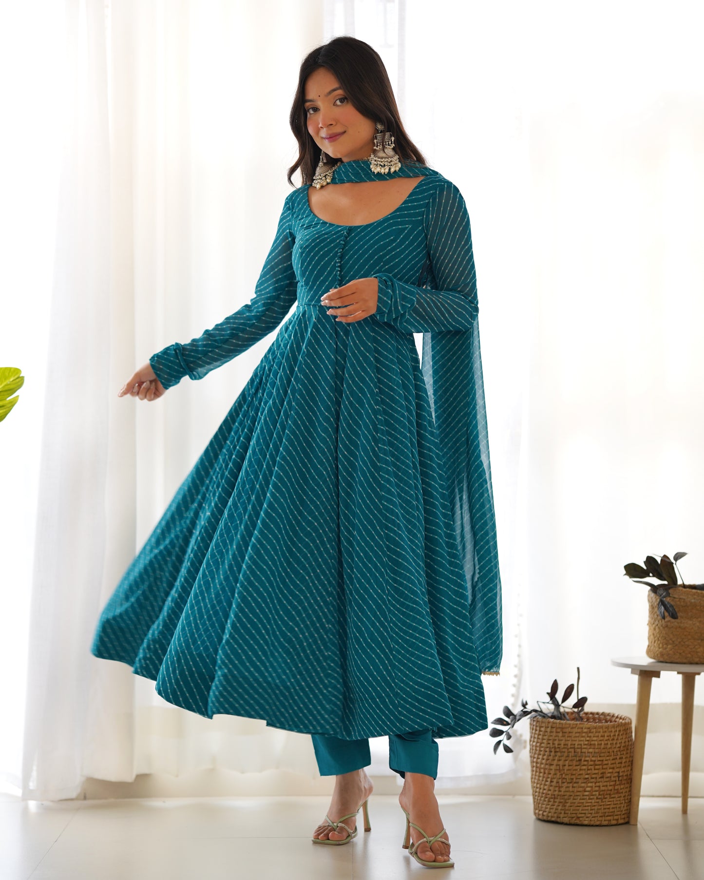 Rama Green Faux Georgette Leheriya Print Anarkali Suit By Stylish Ethnic