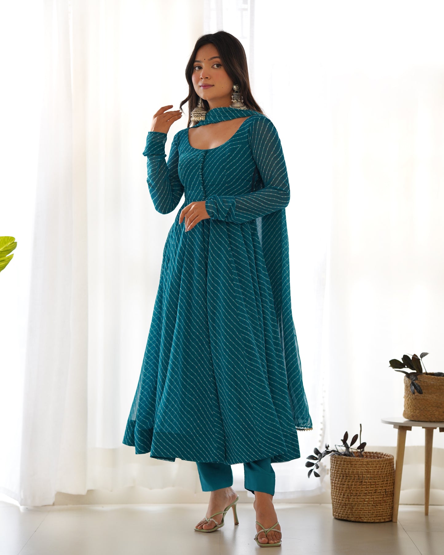 Rama Green Faux Georgette Leheriya Print Anarkali Suit By Stylish Ethnic