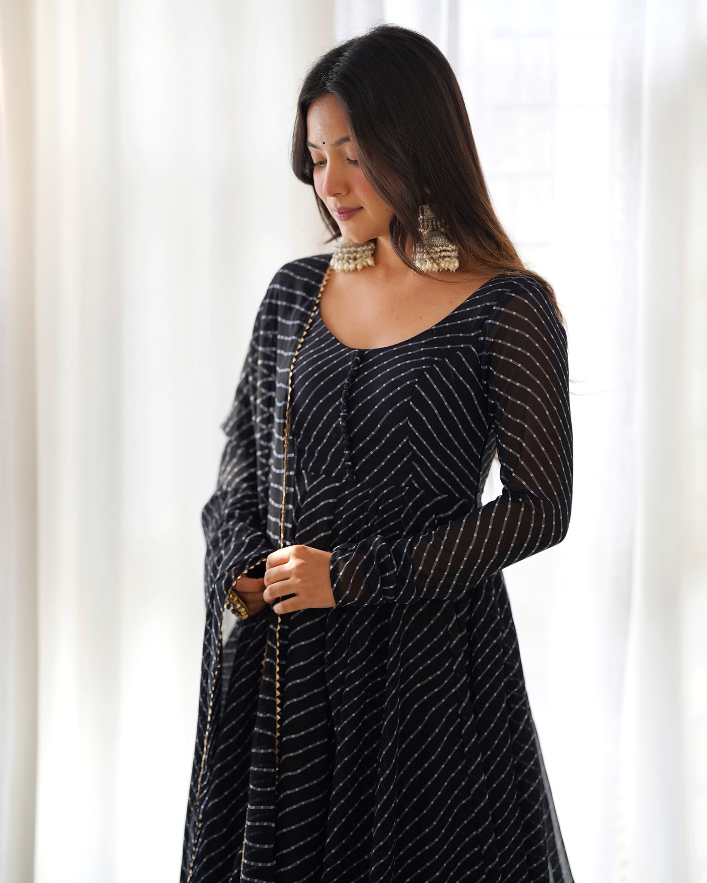 Black Faux Georgette Leheriya Print Anarkali Suit By Stylish Ethnic