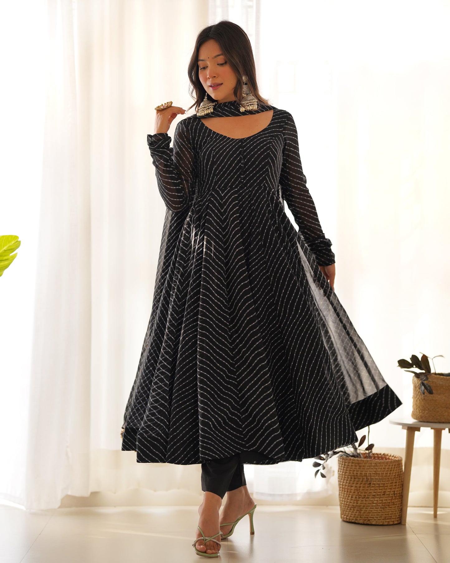 Black Faux Georgette Leheriya Print Anarkali Suit By Stylish Ethnic