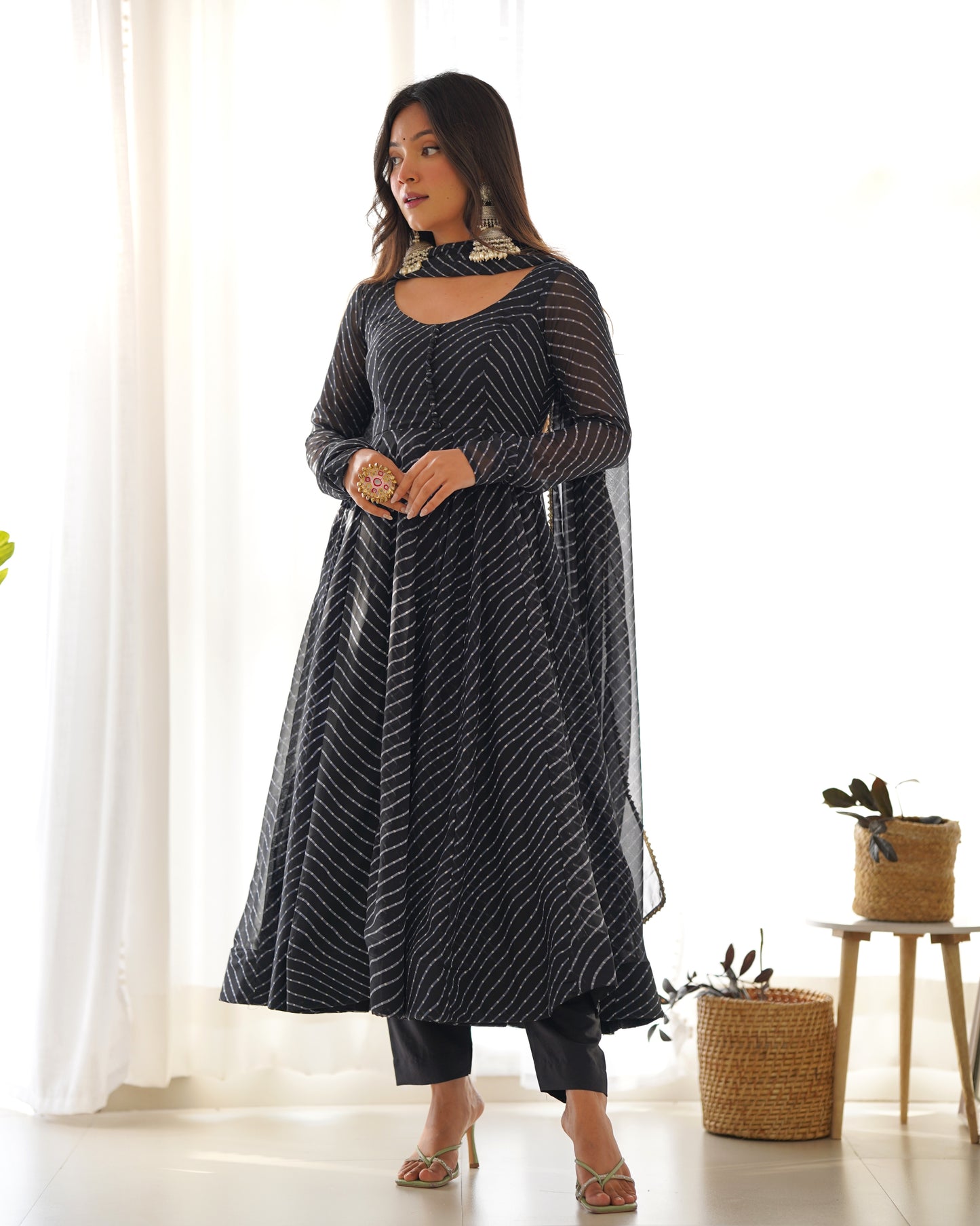 Black Faux Georgette Leheriya Print Anarkali Suit By Stylish Ethnic