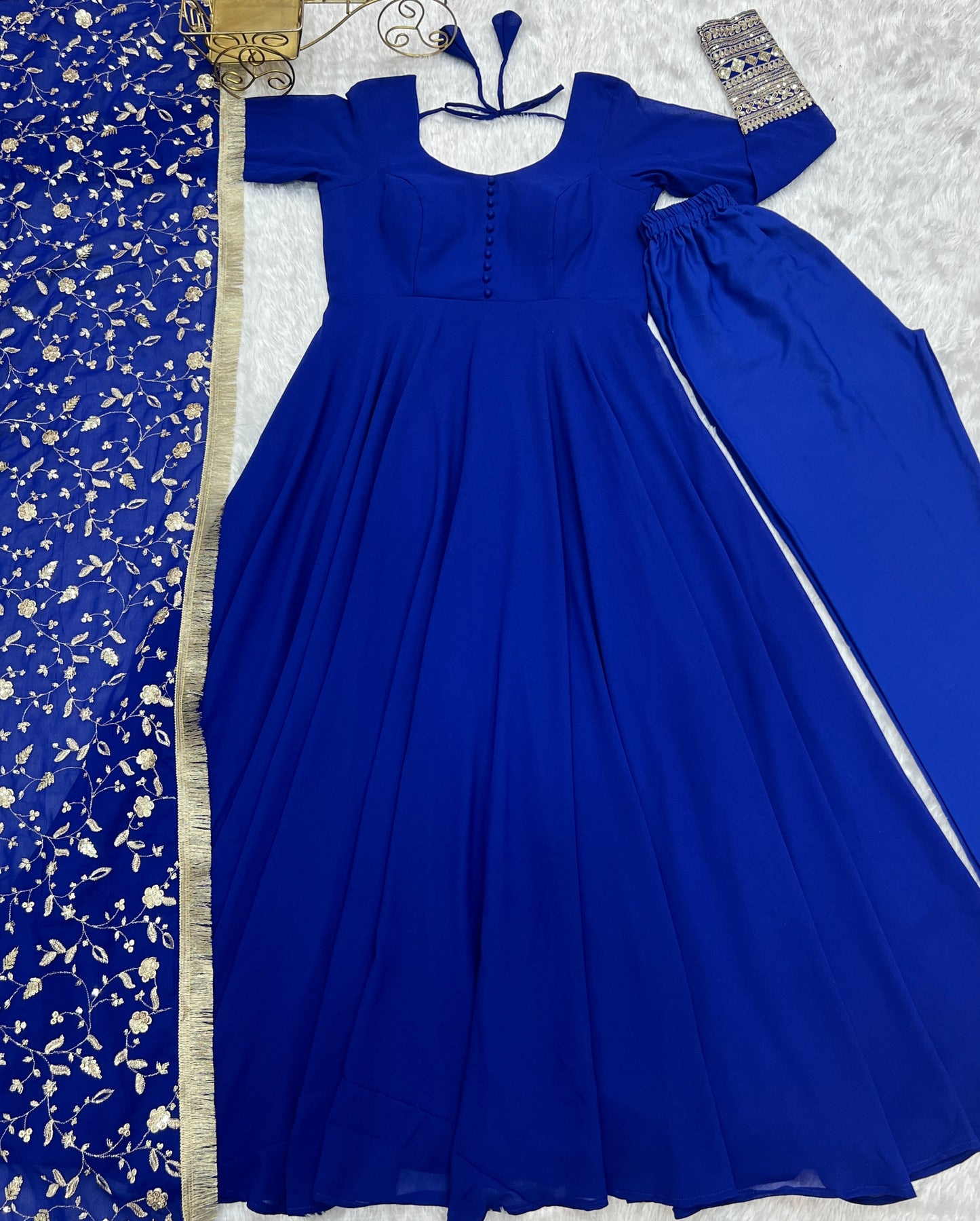 Luxurious Fox Georgette Royal Blue Gown Set with Heavy Sequins and Jari Work