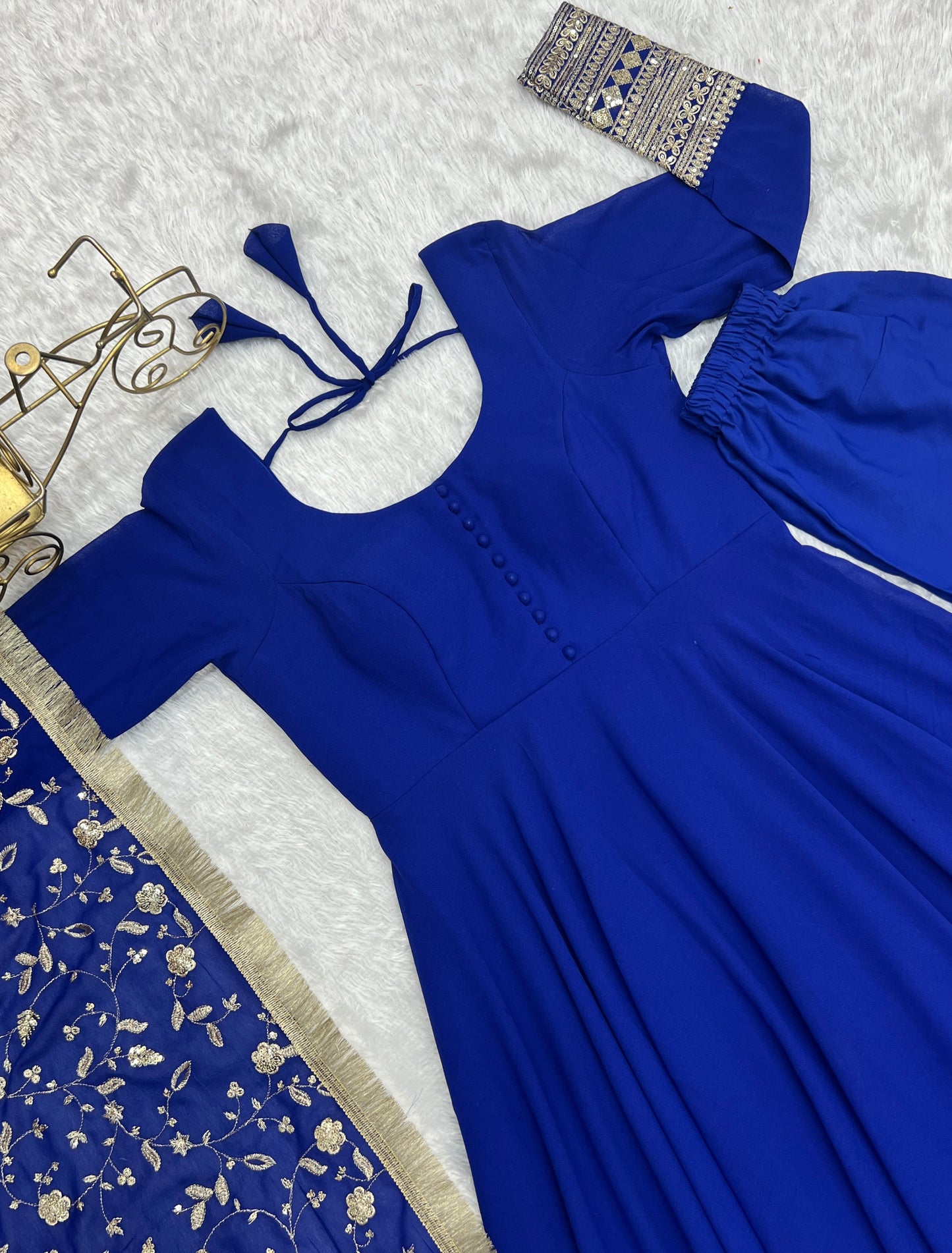 Luxurious Fox Georgette Royal Blue Gown Set with Heavy Sequins and Jari Work