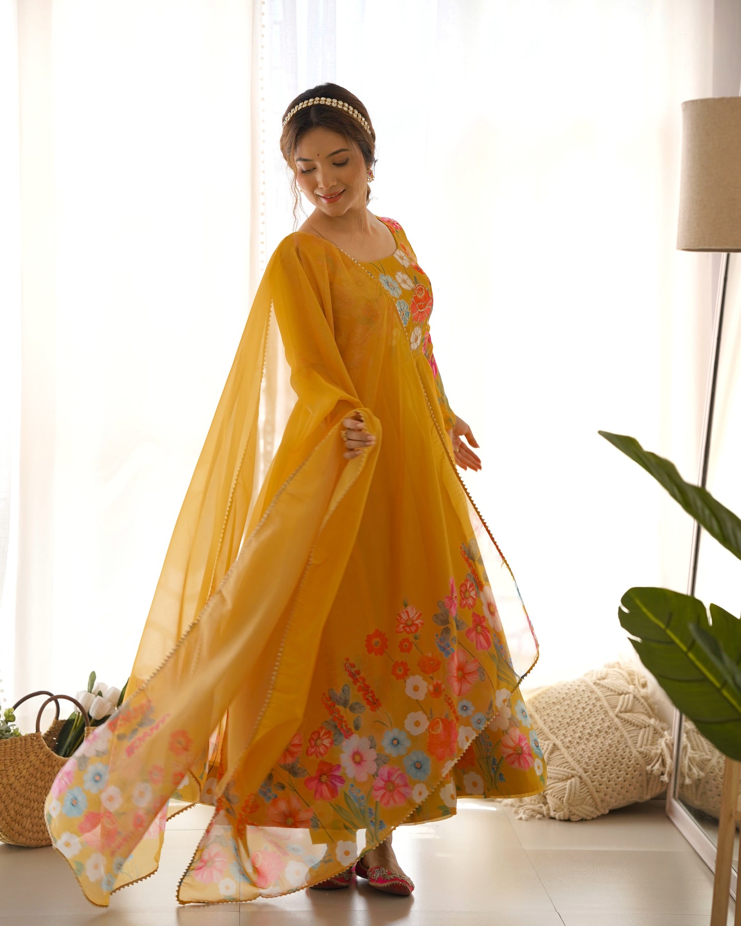 Yellow Color Organza Silk Three Piece Anarkali Suit
