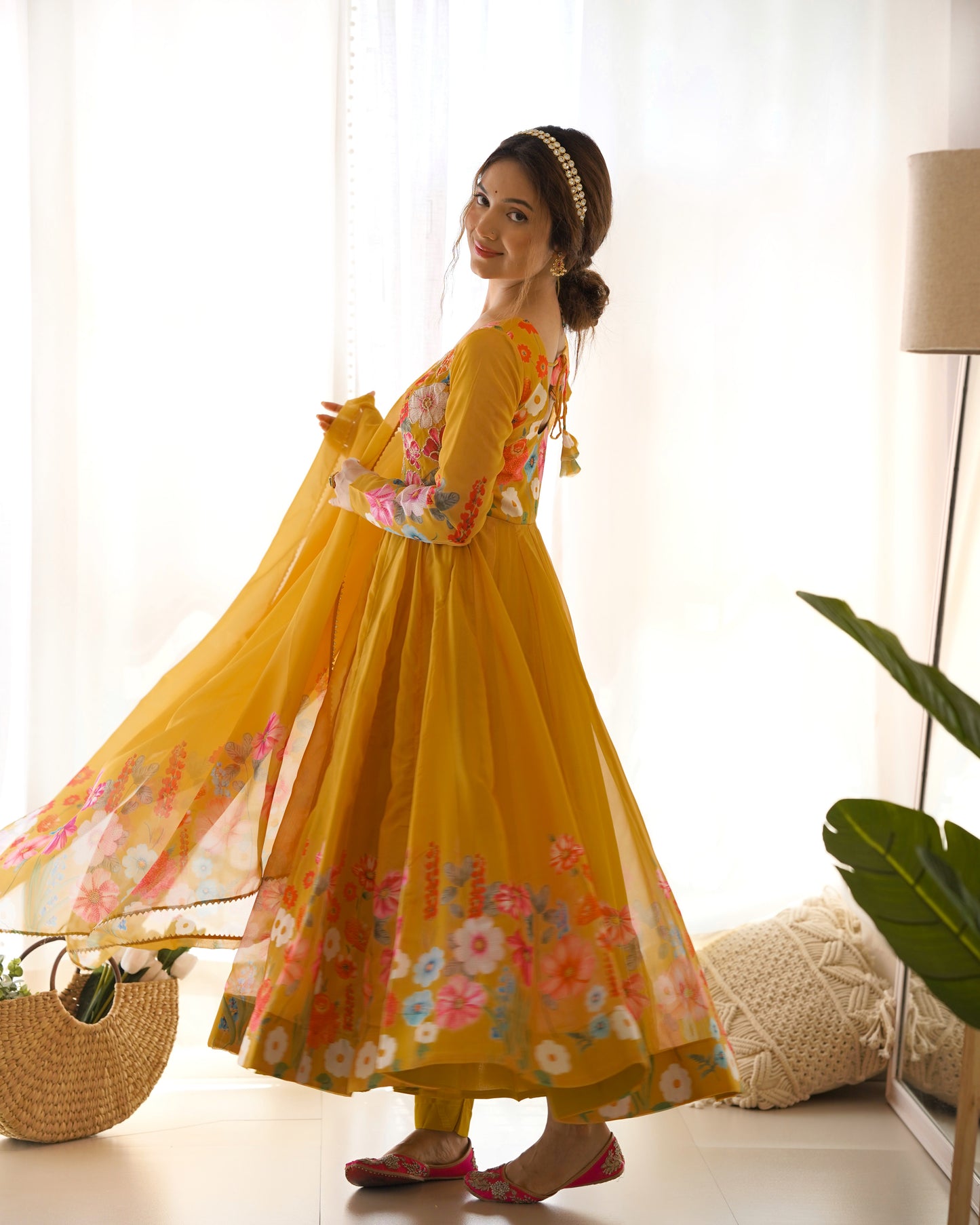 Yellow Color Organza Silk Three Piece Anarkali Suit