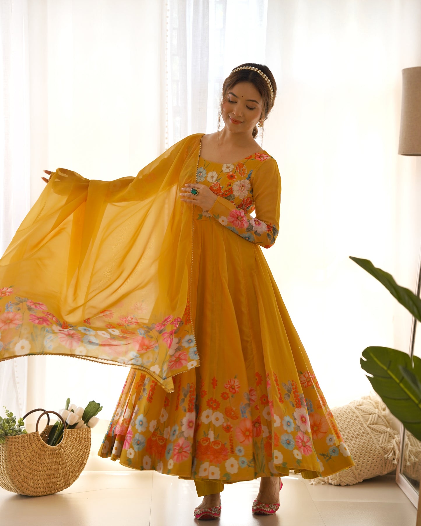Yellow Color Organza Silk Three Piece Anarkali Suit