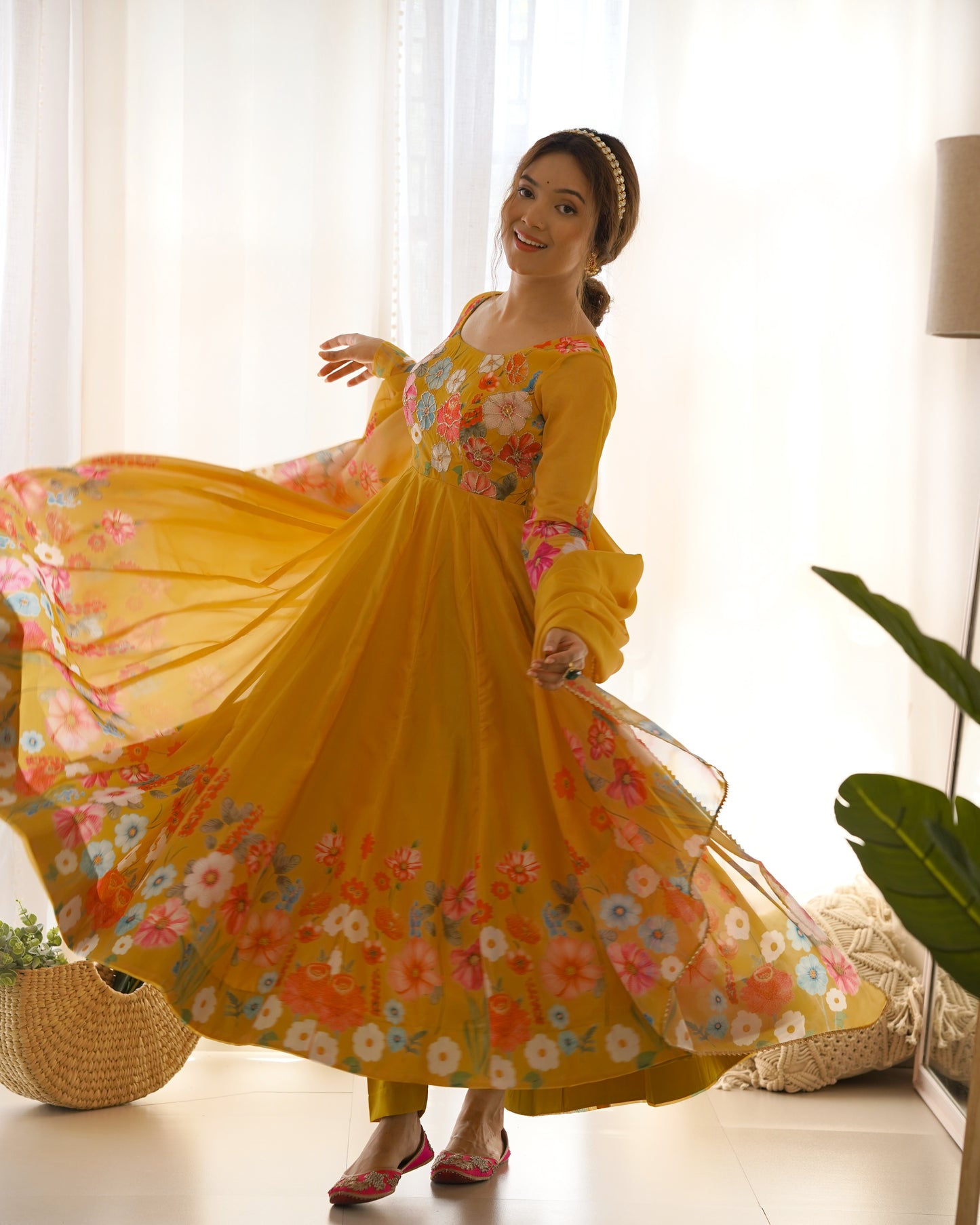 Yellow Color Organza Silk Three Piece Anarkali Suit