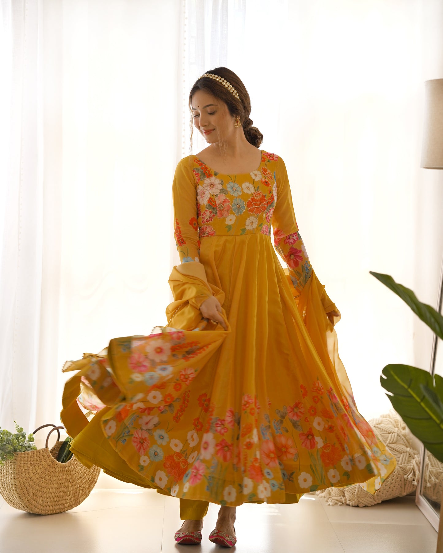 Yellow Color Organza Silk Three Piece Anarkali Suit