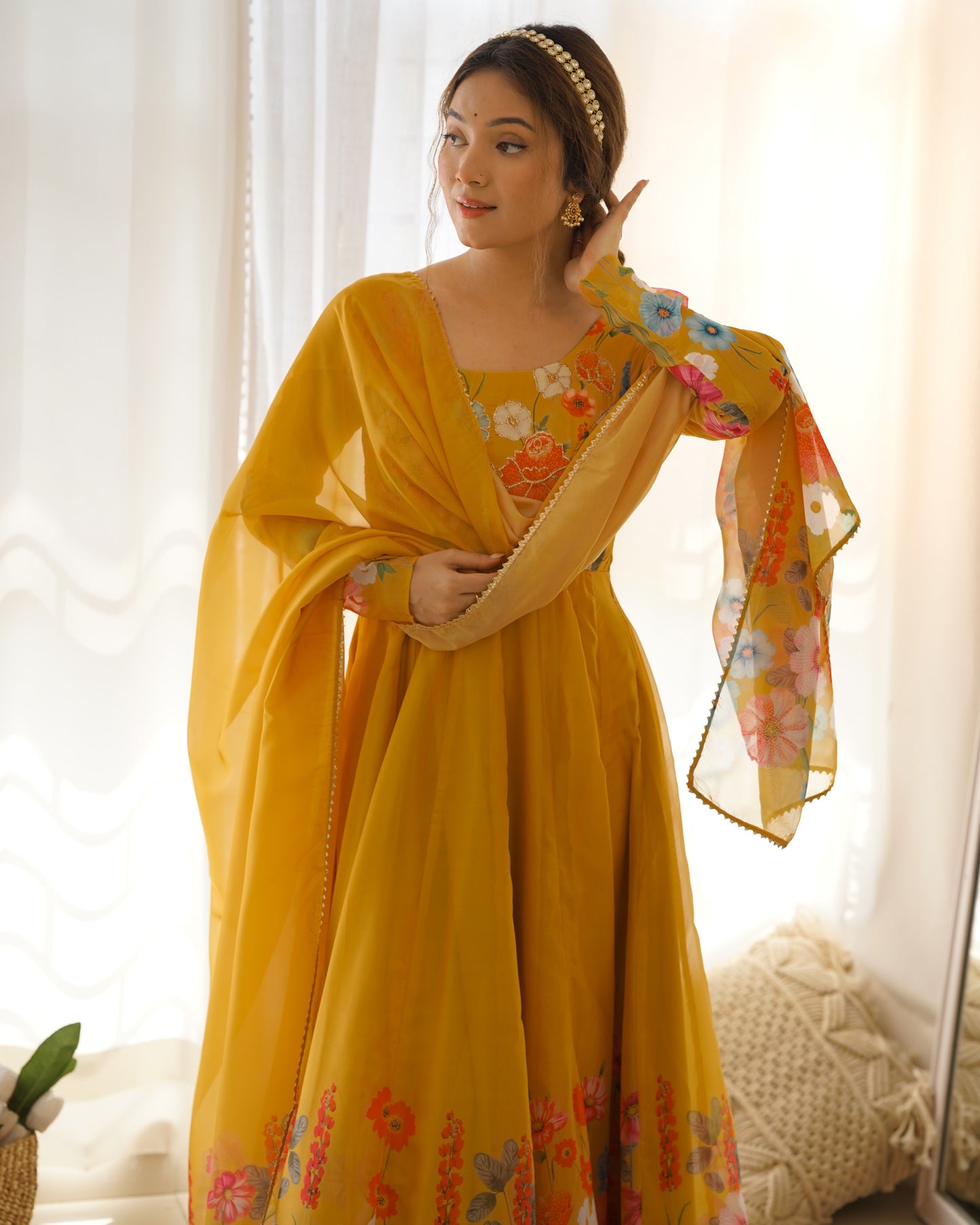 Yellow Color Organza Silk Three Piece Anarkali Suit