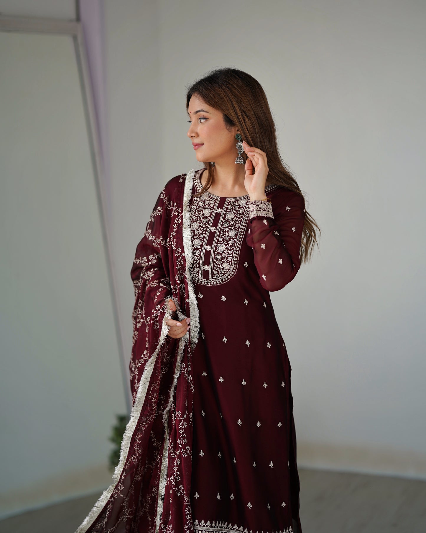 Pure Blooming Rangoli Silk Fabric Straight Fit Embroidery Work Maroon Kurta With Dupatta And Trousers By Stylish Ethnic
