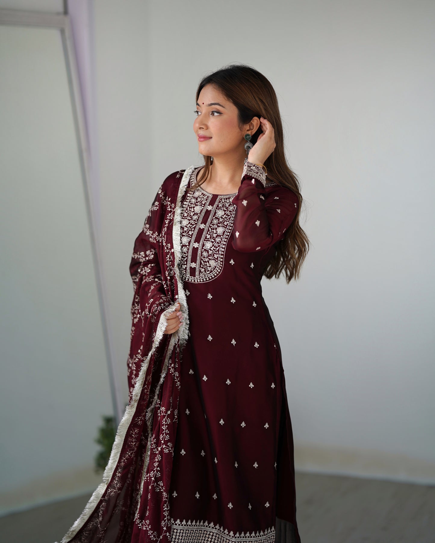 Pure Blooming Rangoli Silk Fabric Straight Fit Embroidery Work Maroon Kurta With Dupatta And Trousers By Stylish Ethnic