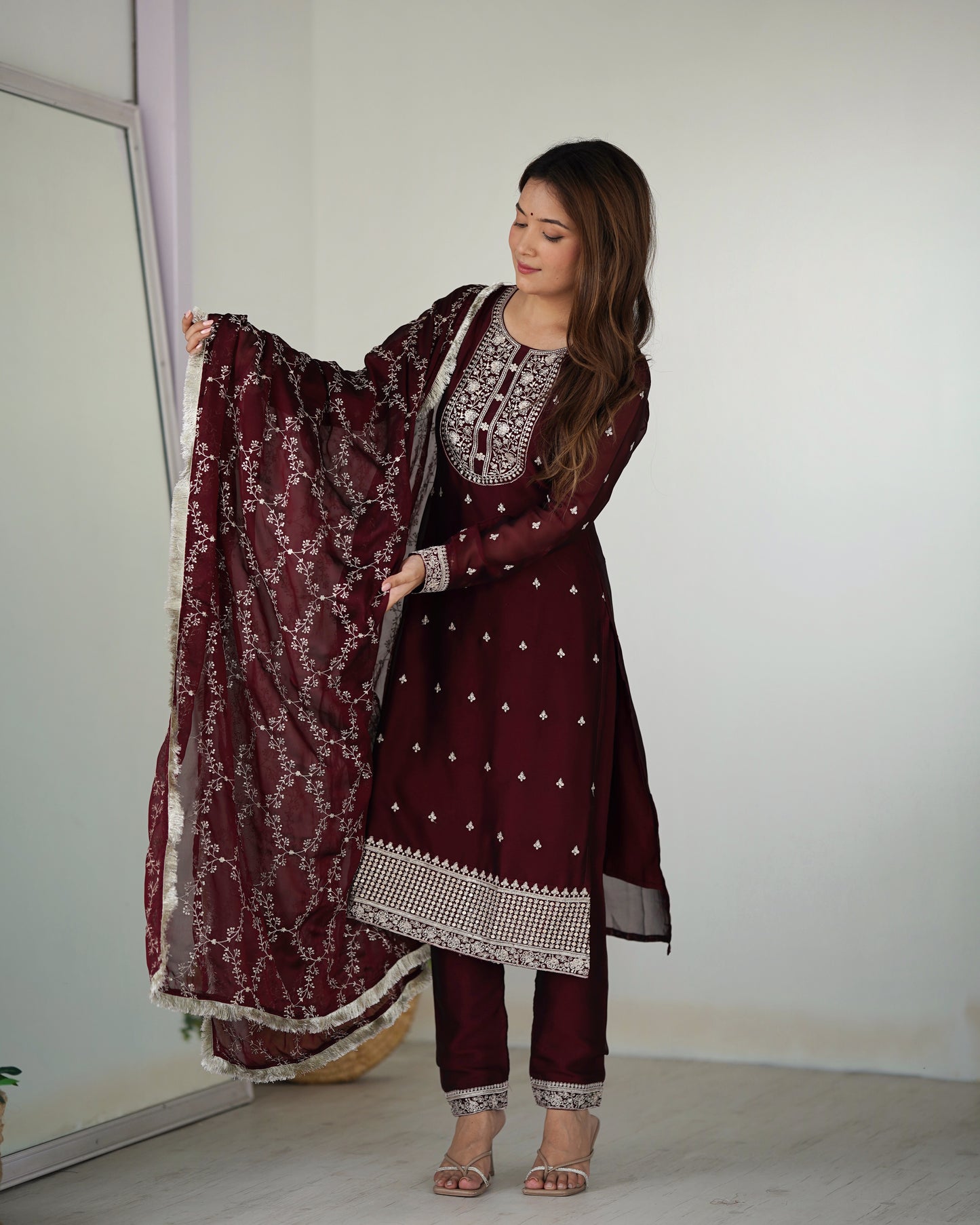 Pure Blooming Rangoli Silk Fabric Straight Fit Embroidery Work Maroon Kurta With Dupatta And Trousers By Stylish Ethnic