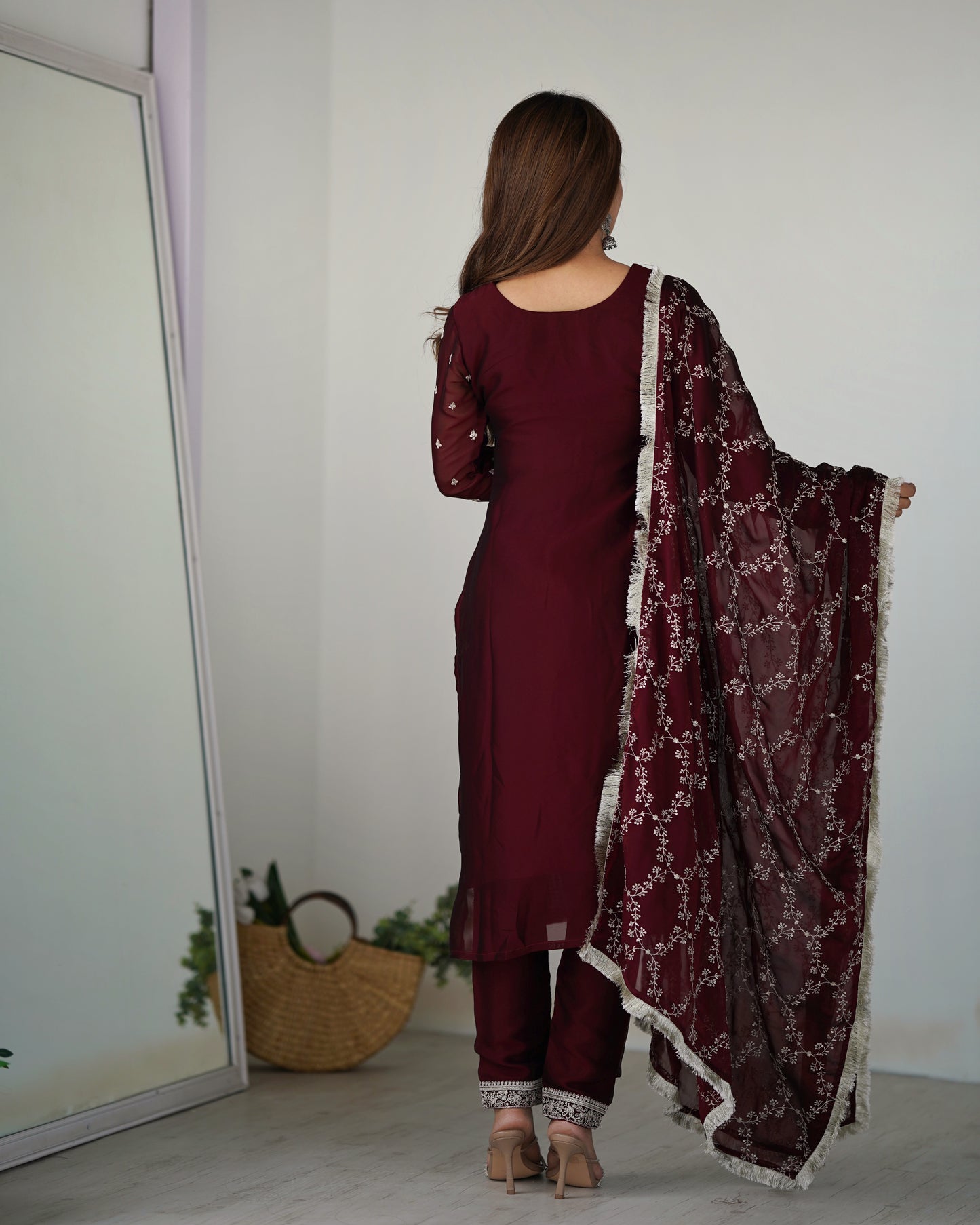 Pure Blooming Rangoli Silk Fabric Straight Fit Embroidery Work Maroon Kurta With Dupatta And Trousers By Stylish Ethnic